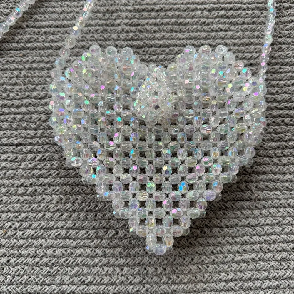 Vintage Iridescent Clear Beaded Heart Shaped Mini Bag Purse White - Image 4