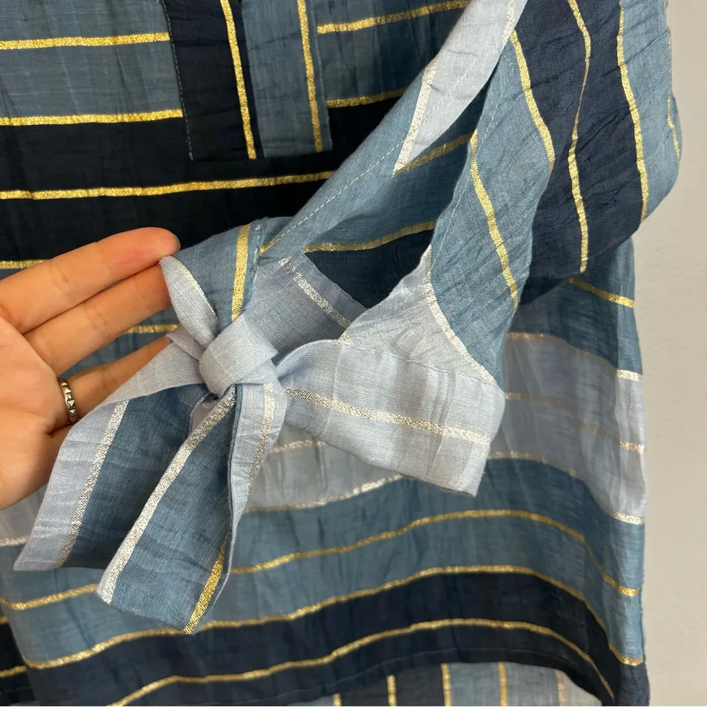 Vilagallo Blue Metallic Striped Split Neck Linen Blend Popover Blouse Size 8 - Image 8