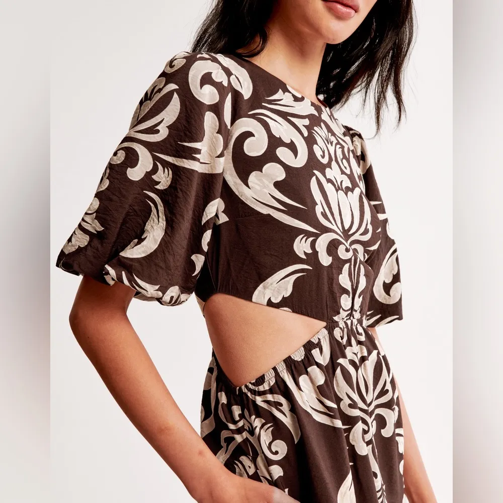 Abercrombie & Fitch Short Puff Sleeve Cutout Maxi Dress Brown Tan Floral Pattern - Image 2