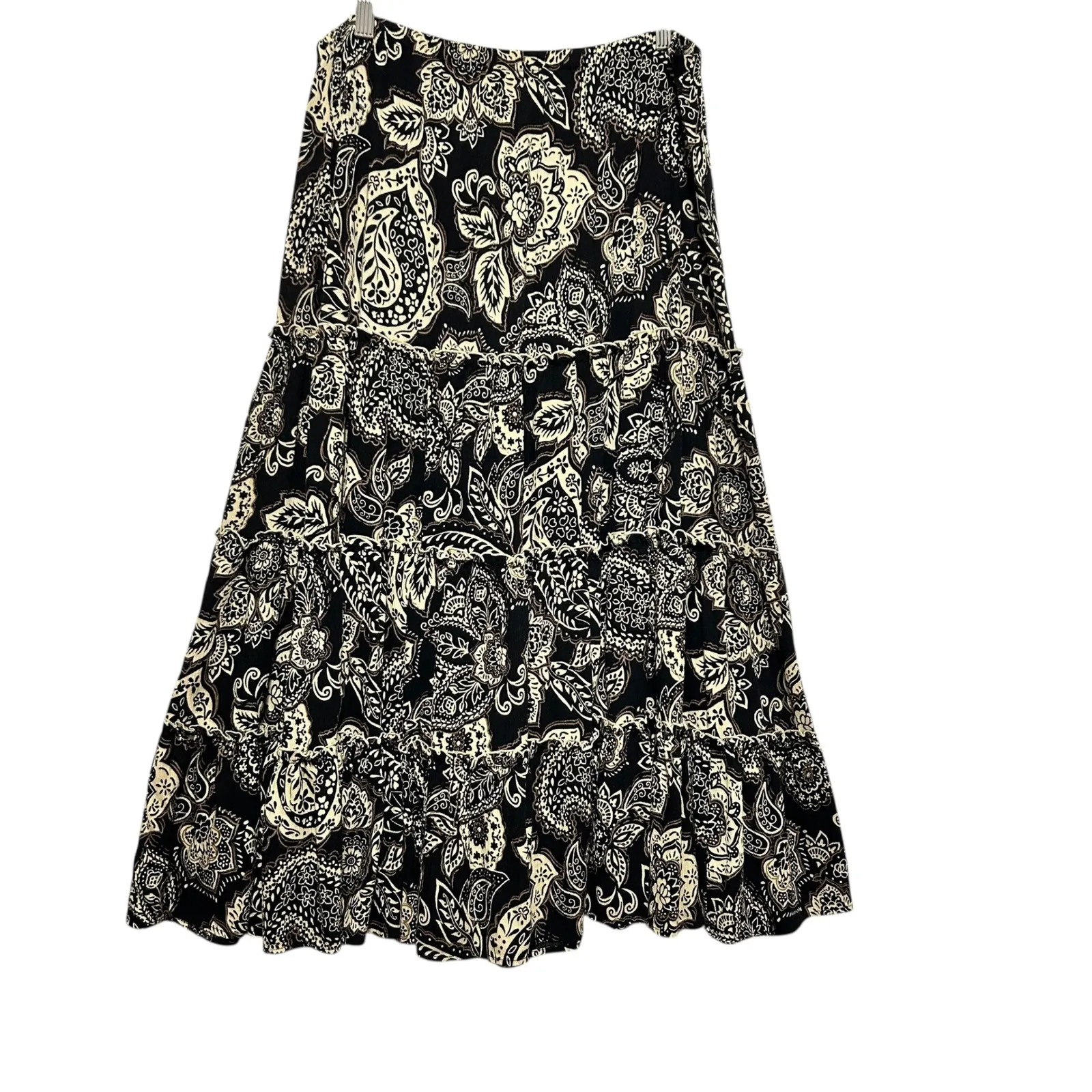 Draper & Damons Womens Tiered Midi Skirt L Black Cream Paisley Boho Cottagecore Size L - Image 4