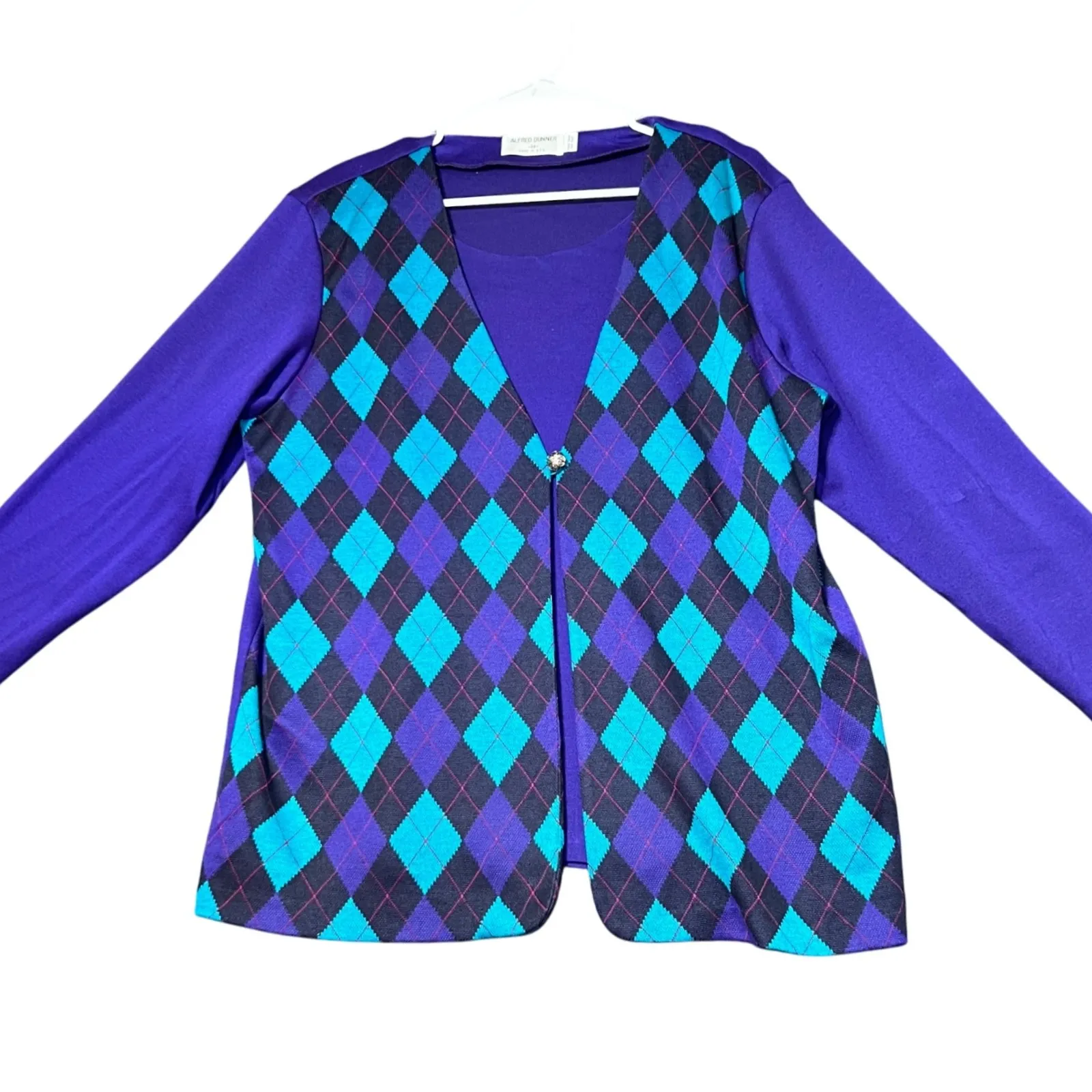 Alfred Dunner Knit Cardigan Sweater Womens Medium Purple Teal Argyle Casual Fall - Image 2
