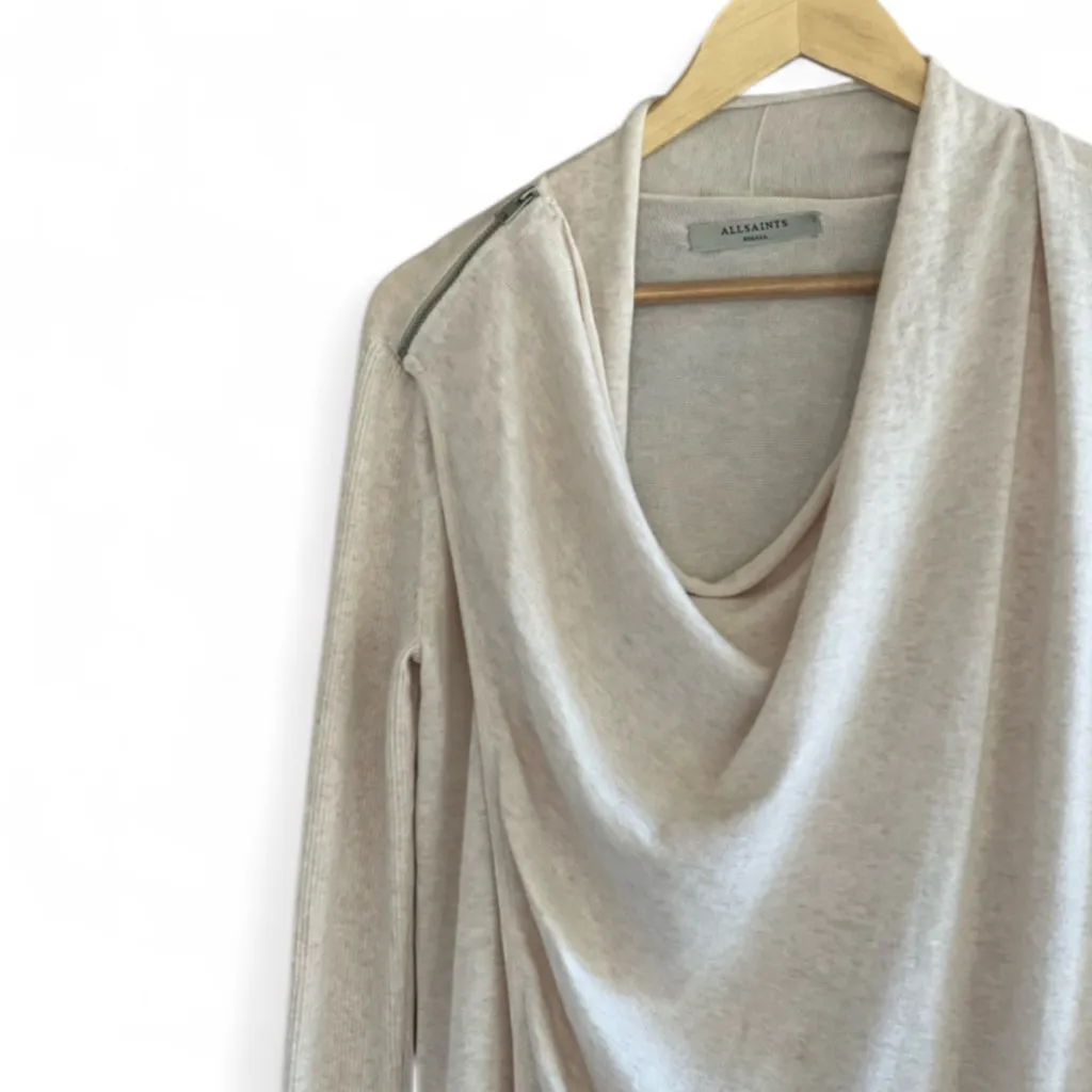 AllSaints Drina Ribbed Asymmetrical Zipper Shoulder Merino Wool Cardigan. - Image 4