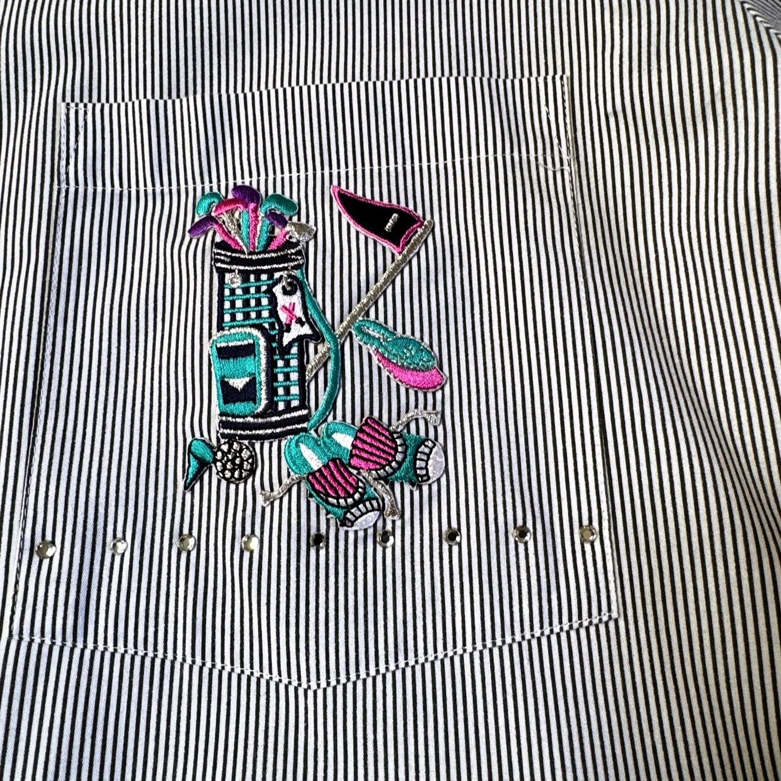 Infinity Fashions Stripe Button Up Shirt Women Large Embroidered Golf Bling VTG Blue - Image 13