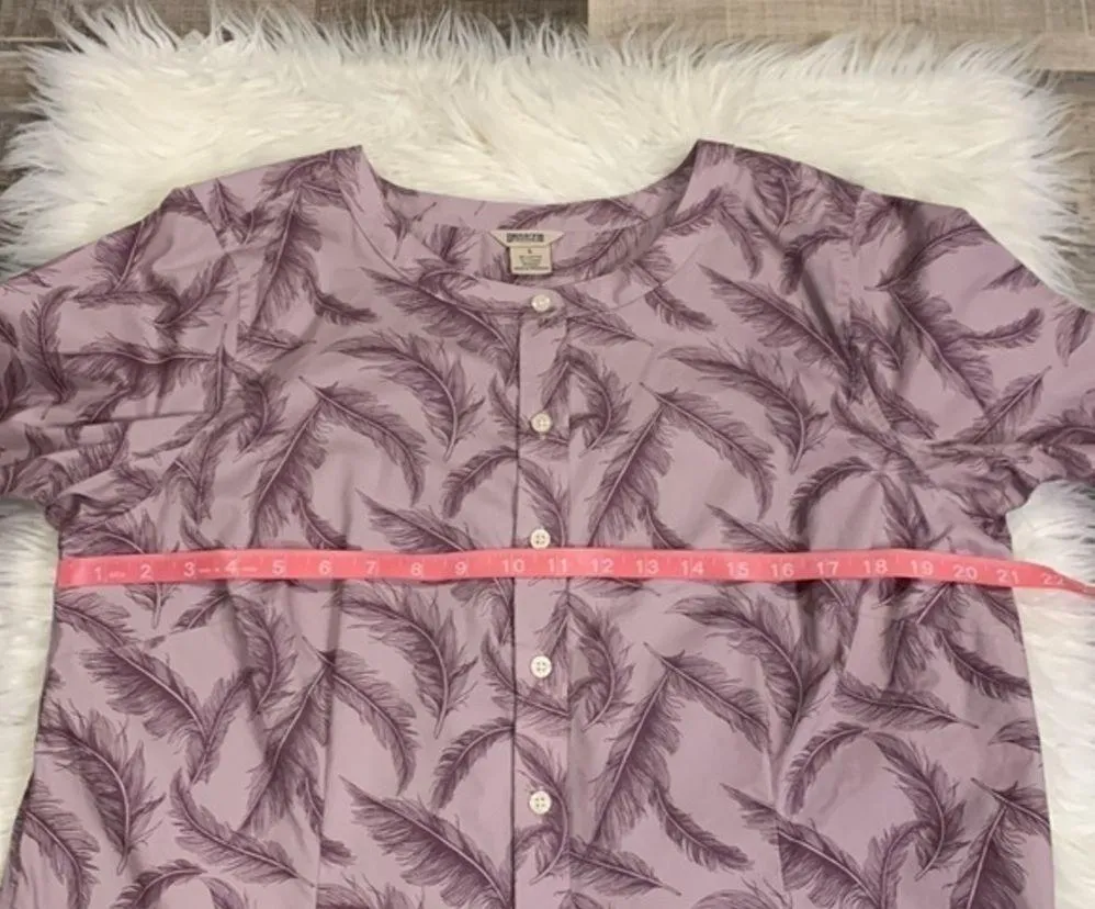 Duluth Trading Co. Wrinklefighter button front tunic feather print L Purple Size L - Image 7