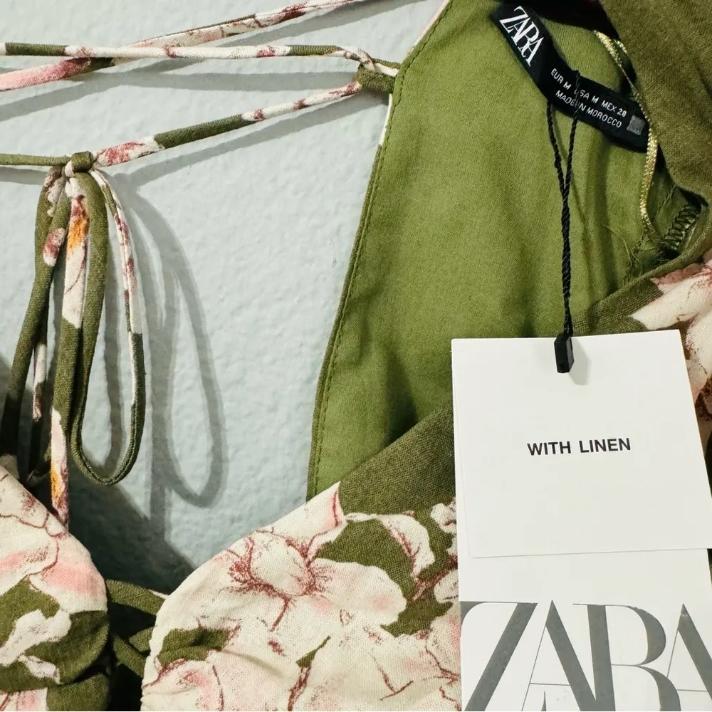 Zara Women Bloggers Fav Khaki Floral Bohemian Linen Blend Cropped Top Sz L - Image 13