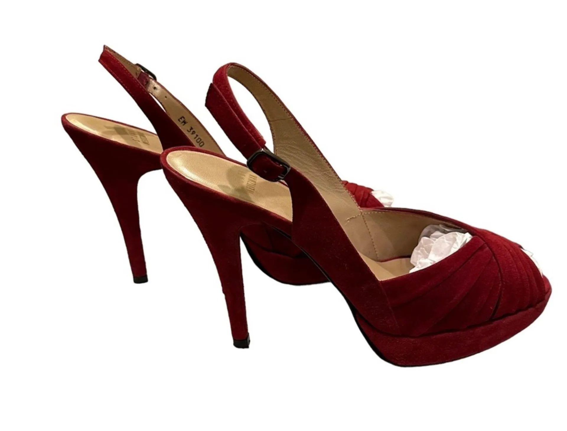Burgundy Red Pleated Suede Peep Toe Platform Slingback Pumps 8M - Image 3