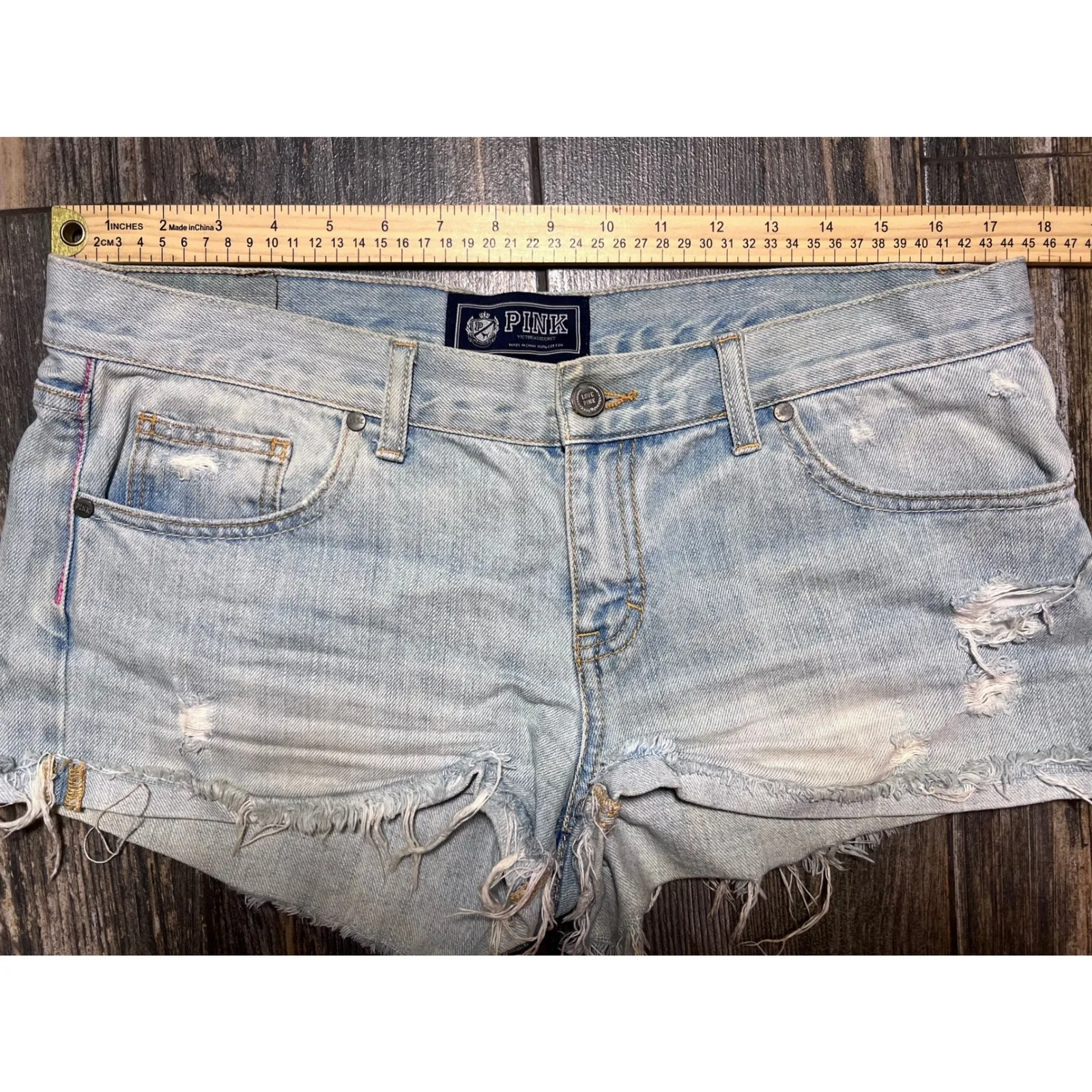 PINK Victorias Secret Denim Jean Shorts SZ 10 Light Wash Distressed Micro Cheeky - Image 3