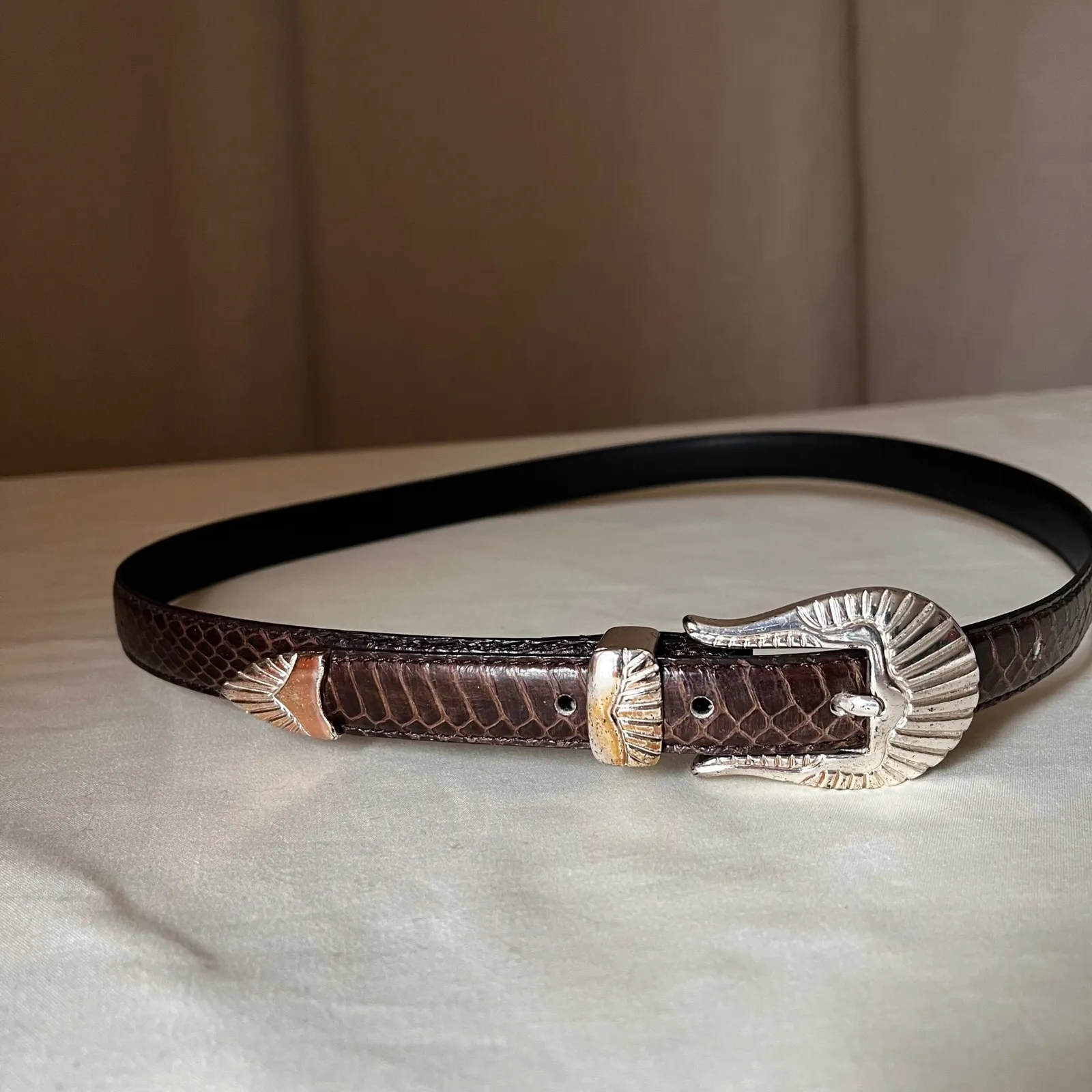 Vintage Brown Snakeskin Leather Western Belt Silver Buckle M/L 28-2 - Image 2