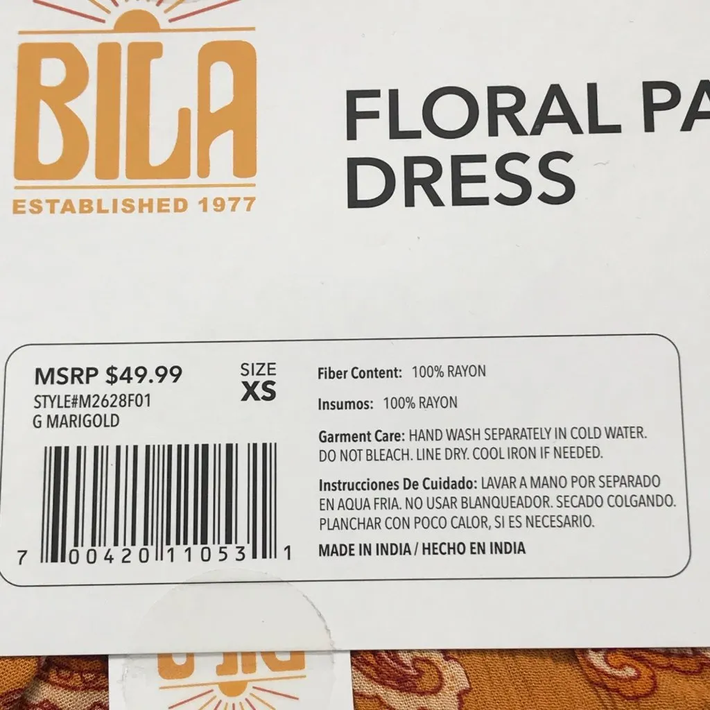 Bila Floral Paisley Short Tiered Dress Women's XS Boho Relaxed Fit‎ Marigold NEW Orange - Image 6