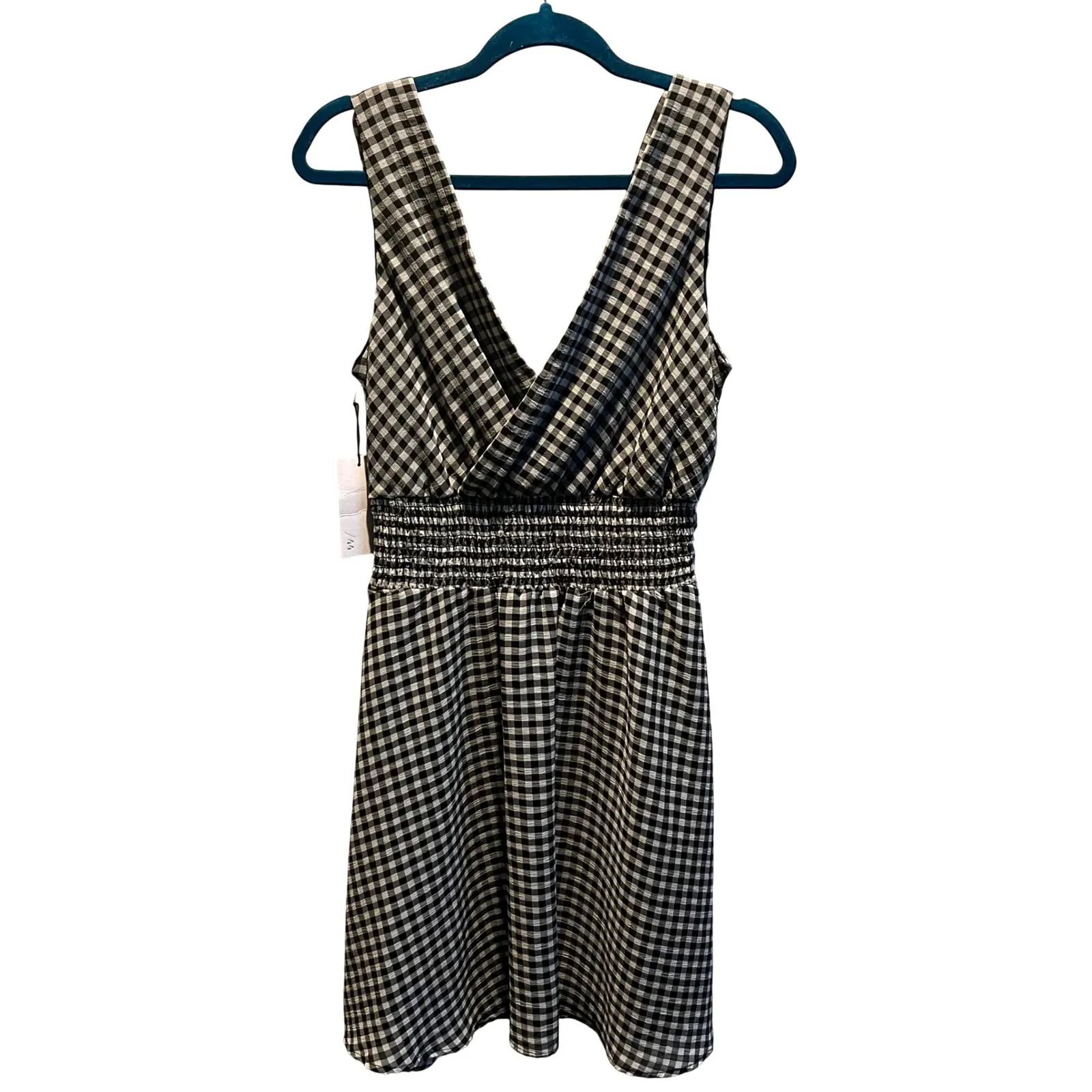 BAILEY 44 Black White Gingham V Neck Twist Knot Smocked Waist Midi Dress Medium - Image 5