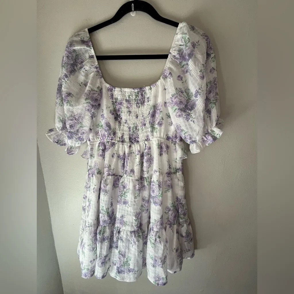 Trixxi Los Angeles White Purple Floral Puff Sleeve V-Neck Dress Size Small - Image 4