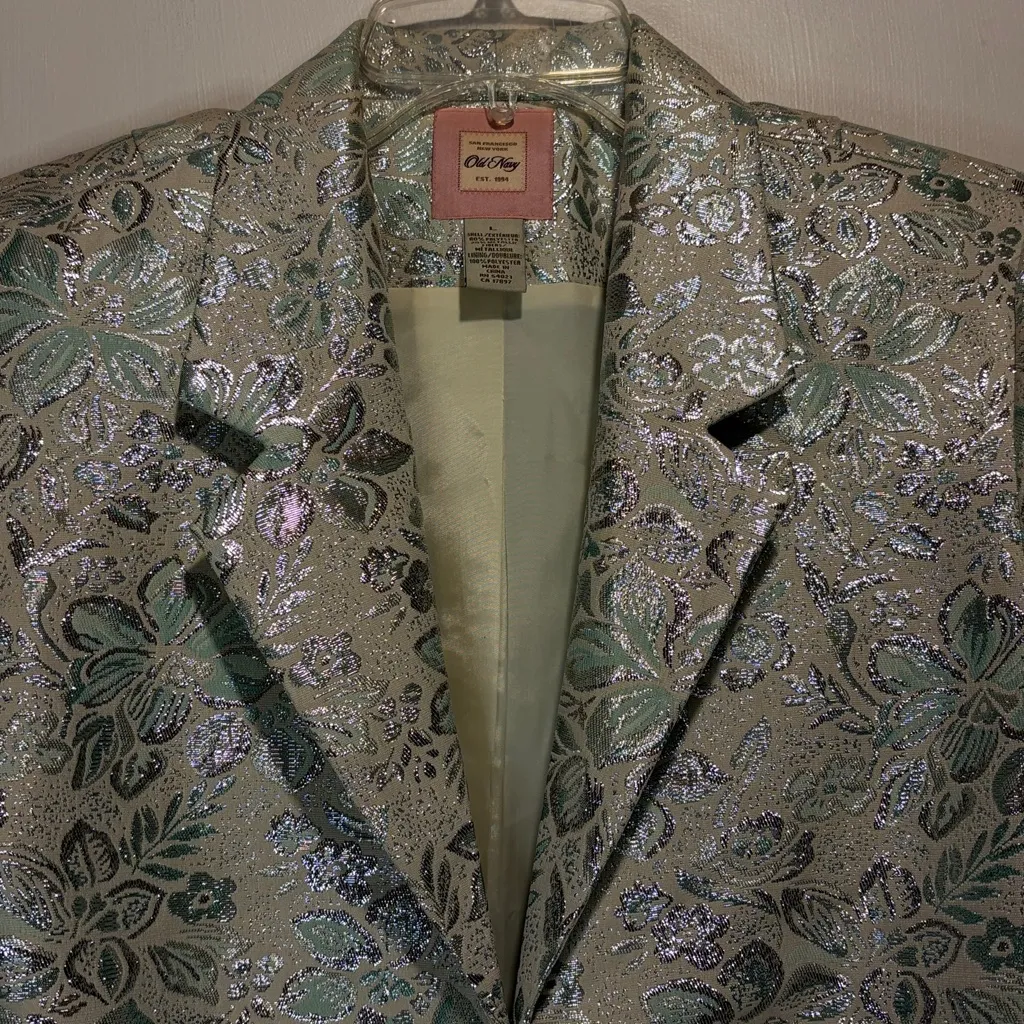 Old Navy- Vintage Cream Silver Green Floral Blazer Metallic Brocade Formal L - Image 9