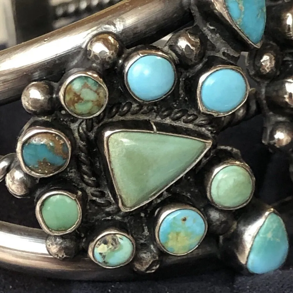 Indian 70 grams Sterling Silver Turquoise Cluster Bracelet Signed - Image 5