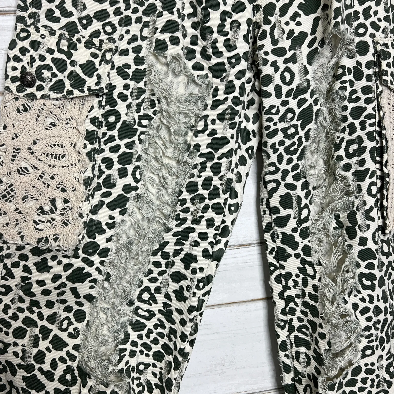 POL Leopard Patchwork Pants Crochet Lace Boho Cottagecore Drawstring Small - Image 6