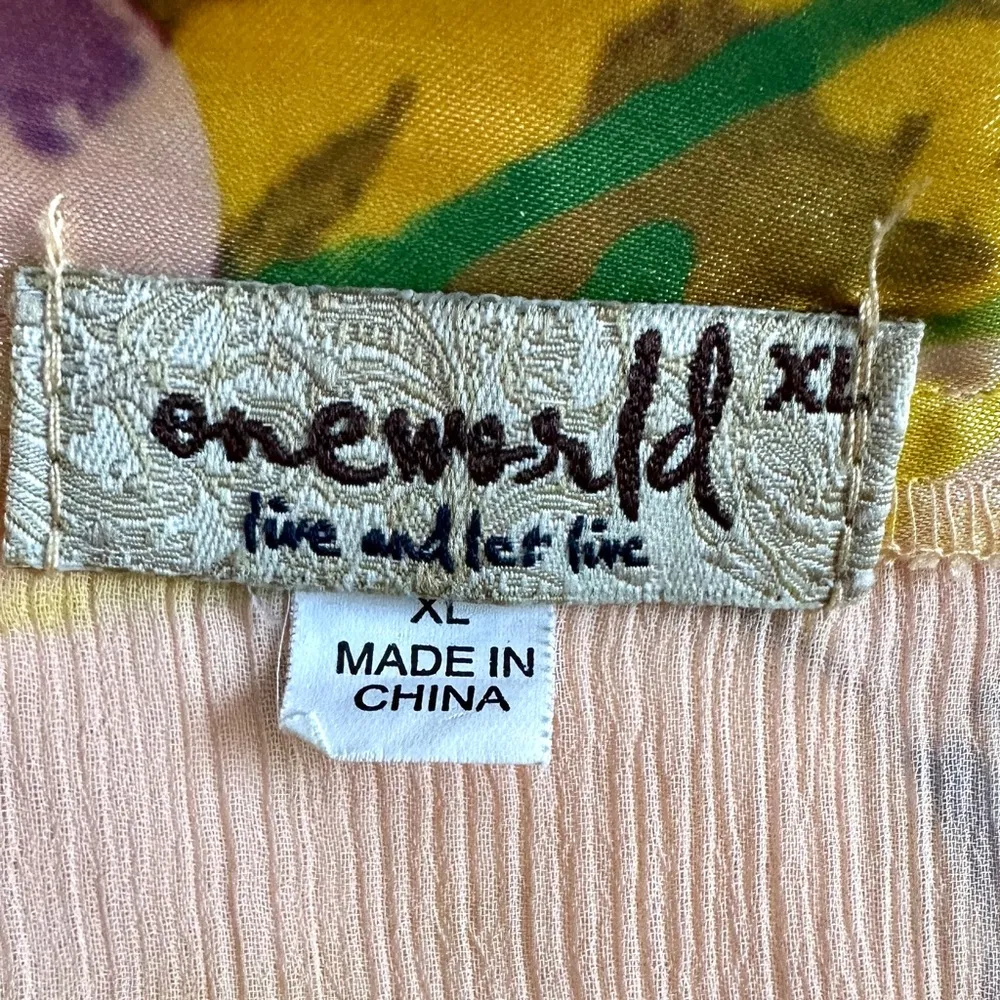 One World Sheer Butterfly Top Women's XL Yellow Flowy Boho Square Neck Stretchy - Image 8