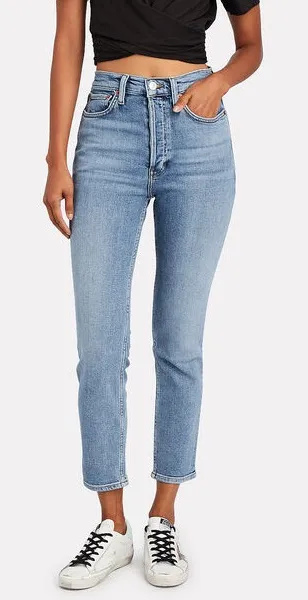 New RE/DONE 90s High-Rise Ankle Crop Jeans In Mid 90s Wash Button Fly Size 25 - Image 1