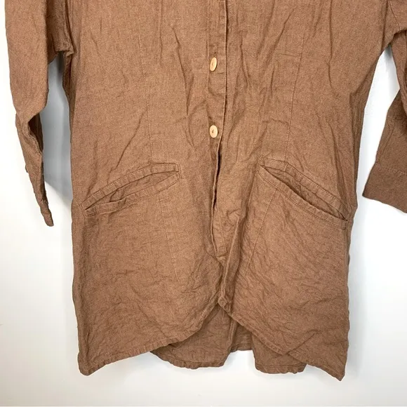 FLAX Brown Linen Button Down‎ Blouse Size Petite or US 4 - 6 - Image 4