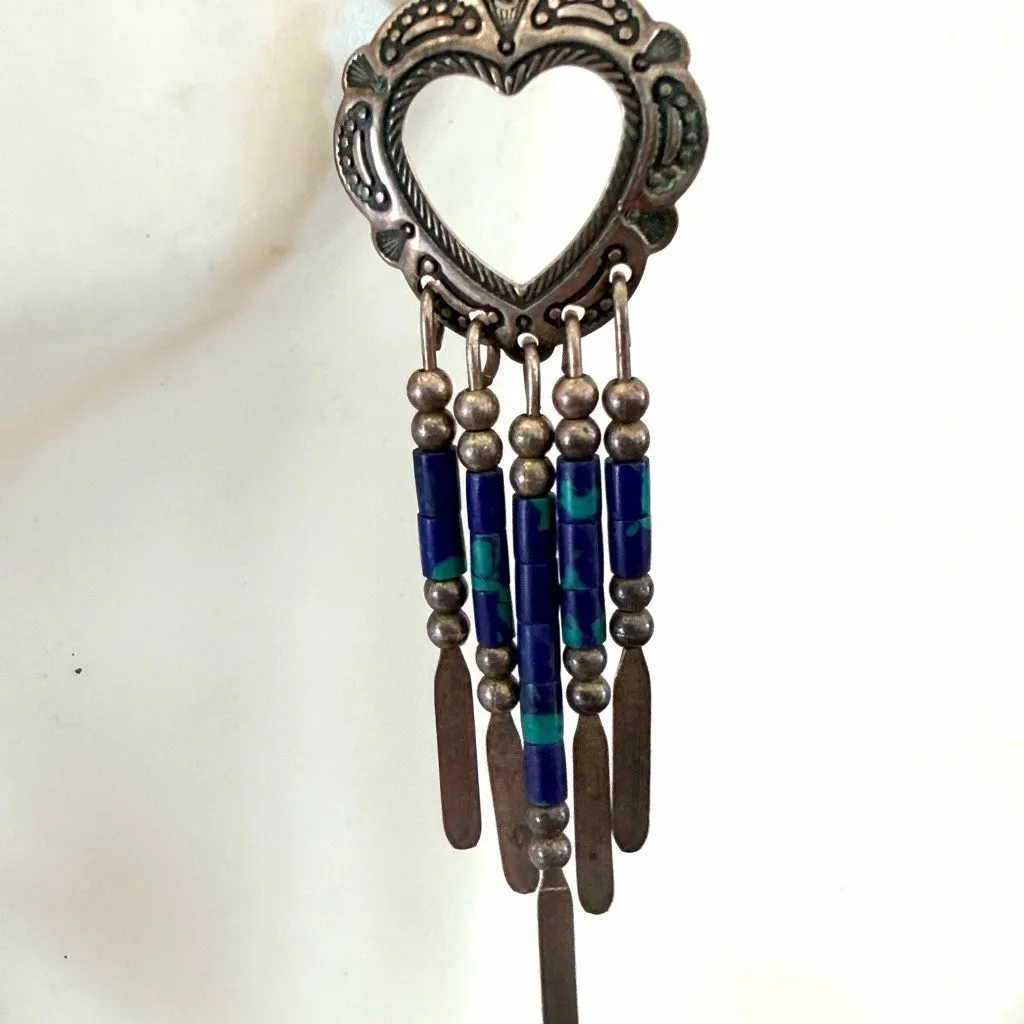 Sterling Silver Heart Dangle Earrings with Blue Stone Beads – Vintage - Image 12