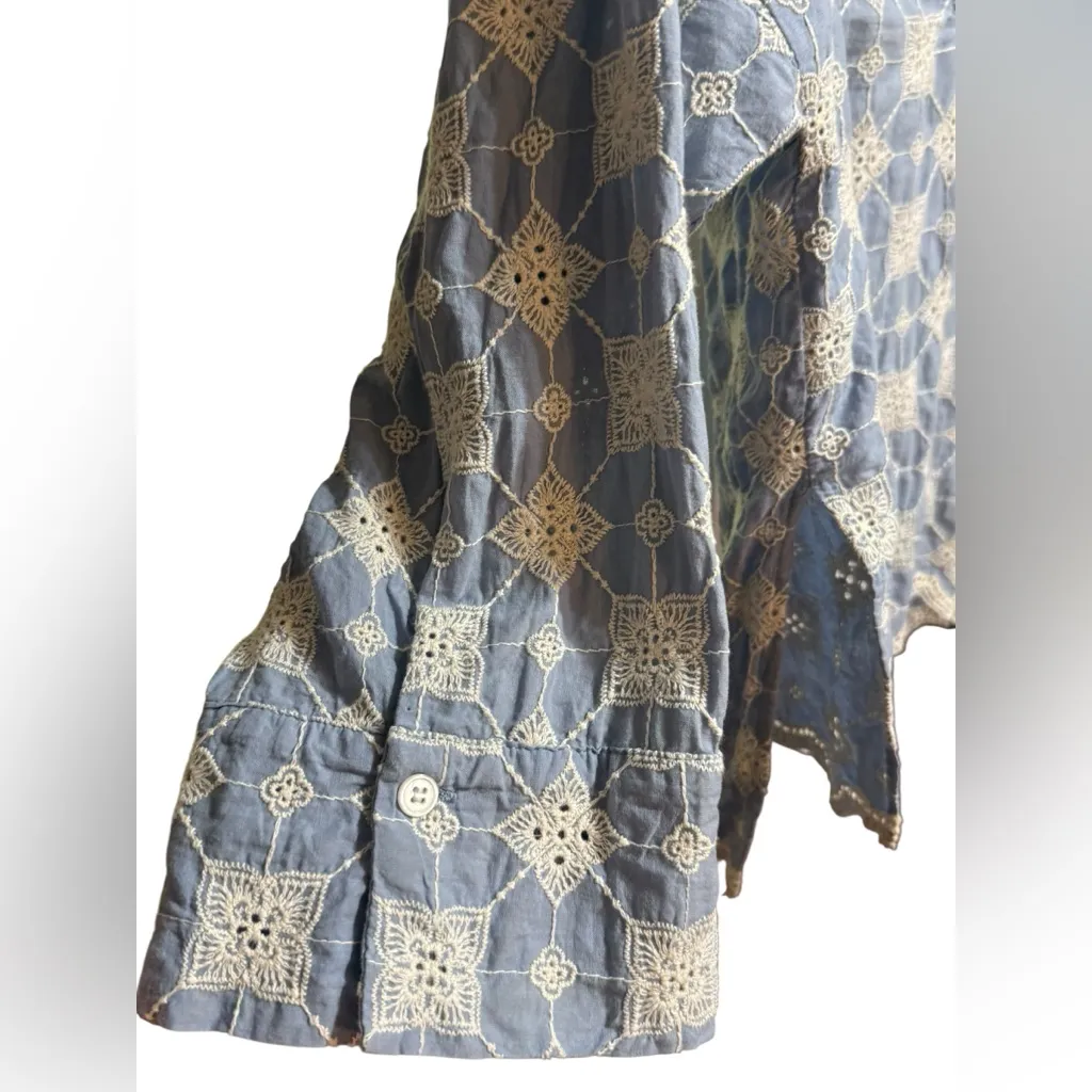 Zara Blue & White Floral Embroidered Boho Eyelet Linen Blouse Women Sz S - Image 9