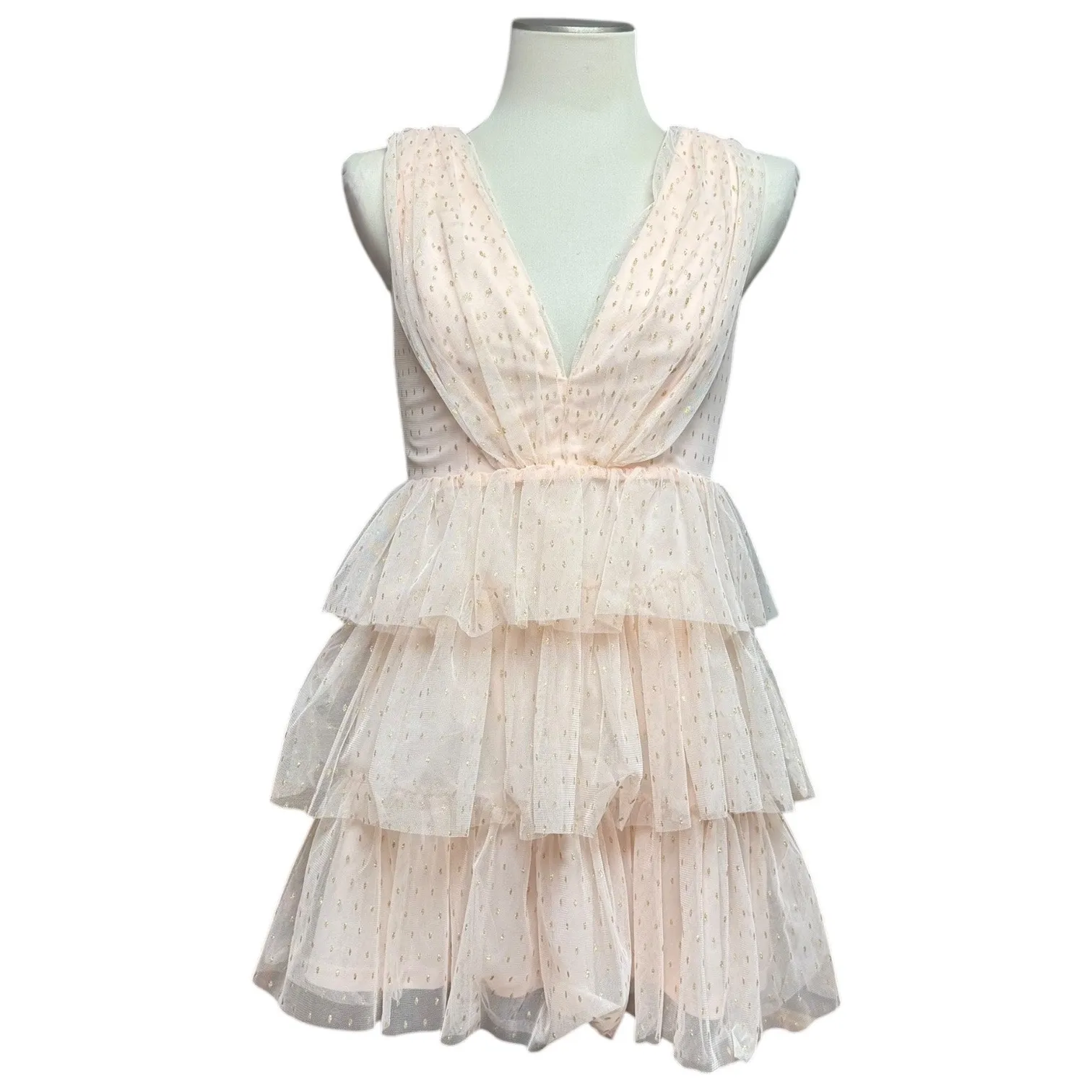 Lulus Forever Sparkling Sleeveless Plunge Tiered Mini Dress Pink Gold Small - Image 2