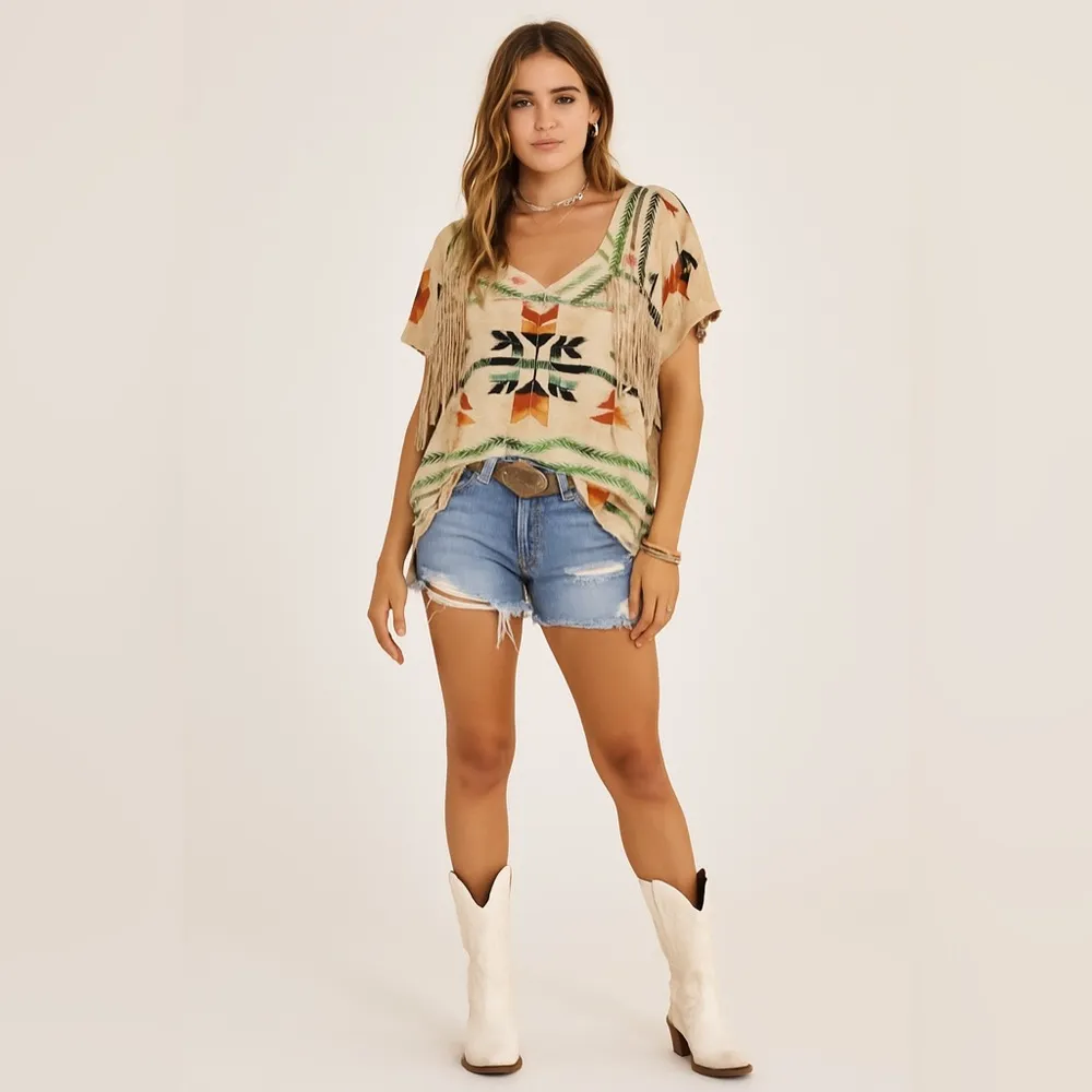 Ralph Lauren Denim & Supply southwestern motif fringed oversized tee. Small - Image 2