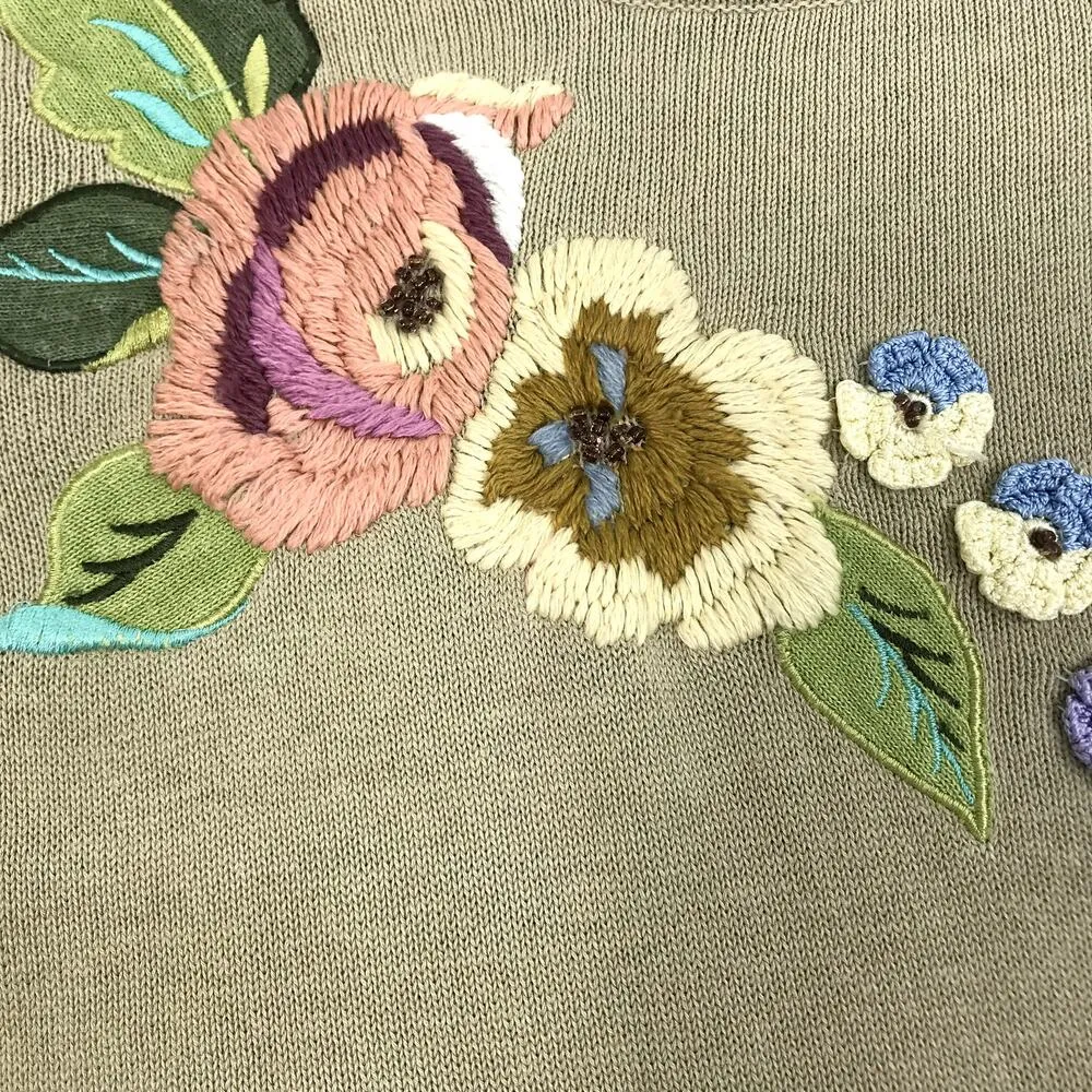 STORYBOOK KNITS Patchwork Sweater Women S Asym Fringe Linen Cottage Boho Y2K Green - Image 5