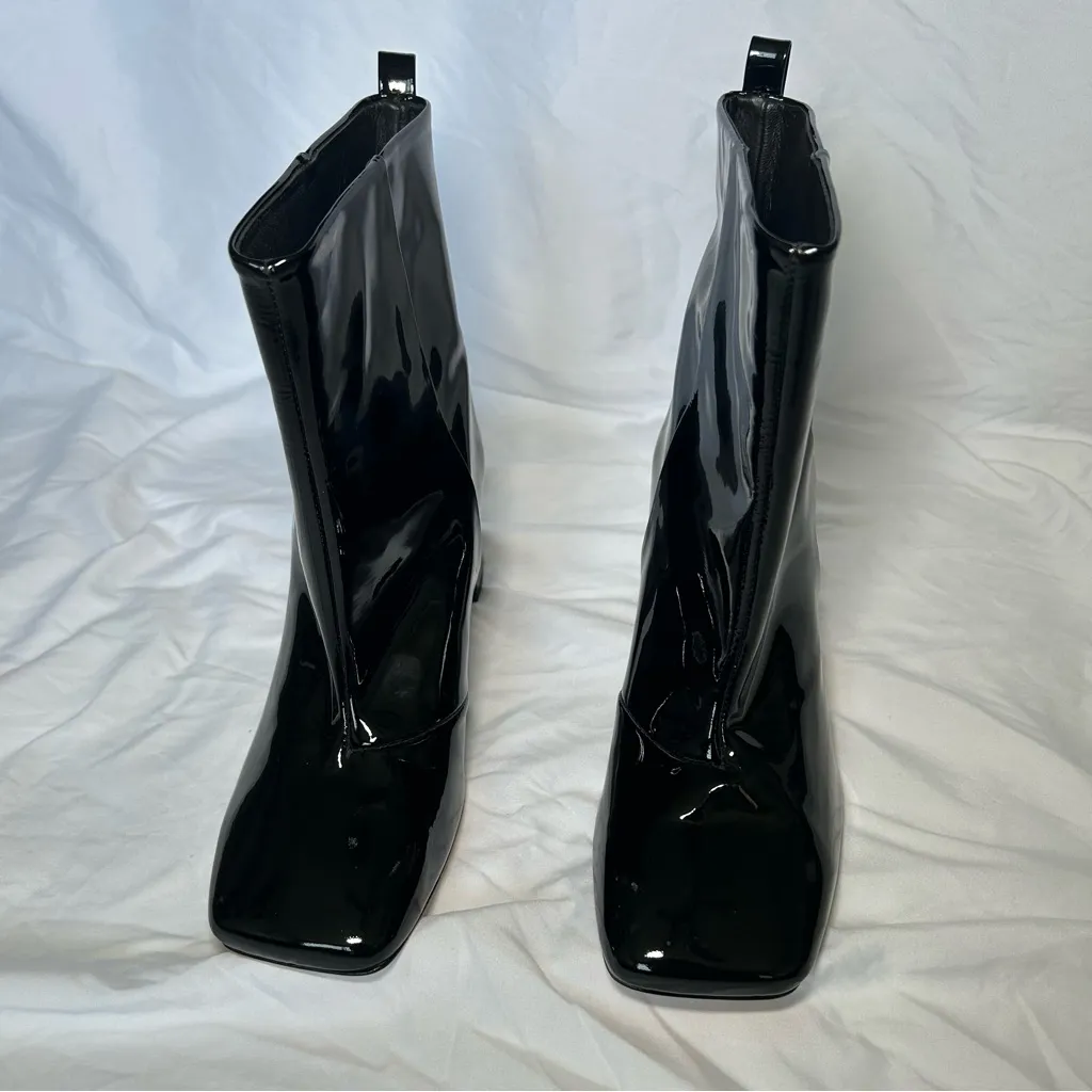 Good American Black Patent Leather Square Toe Block Heel Boots Women’s Shoe 8 - Image 4