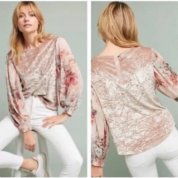 Anthropologie Meadow Rue Crushed Velvet Chiffon Floral Sleeves Top Medium - Image 2