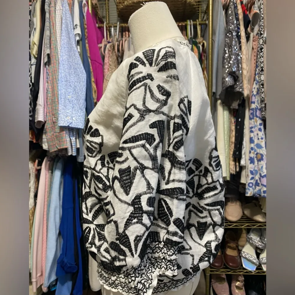 Chico's Linen Embroidered Jacket Linen 3/4 Puff Sleeve - Image 5