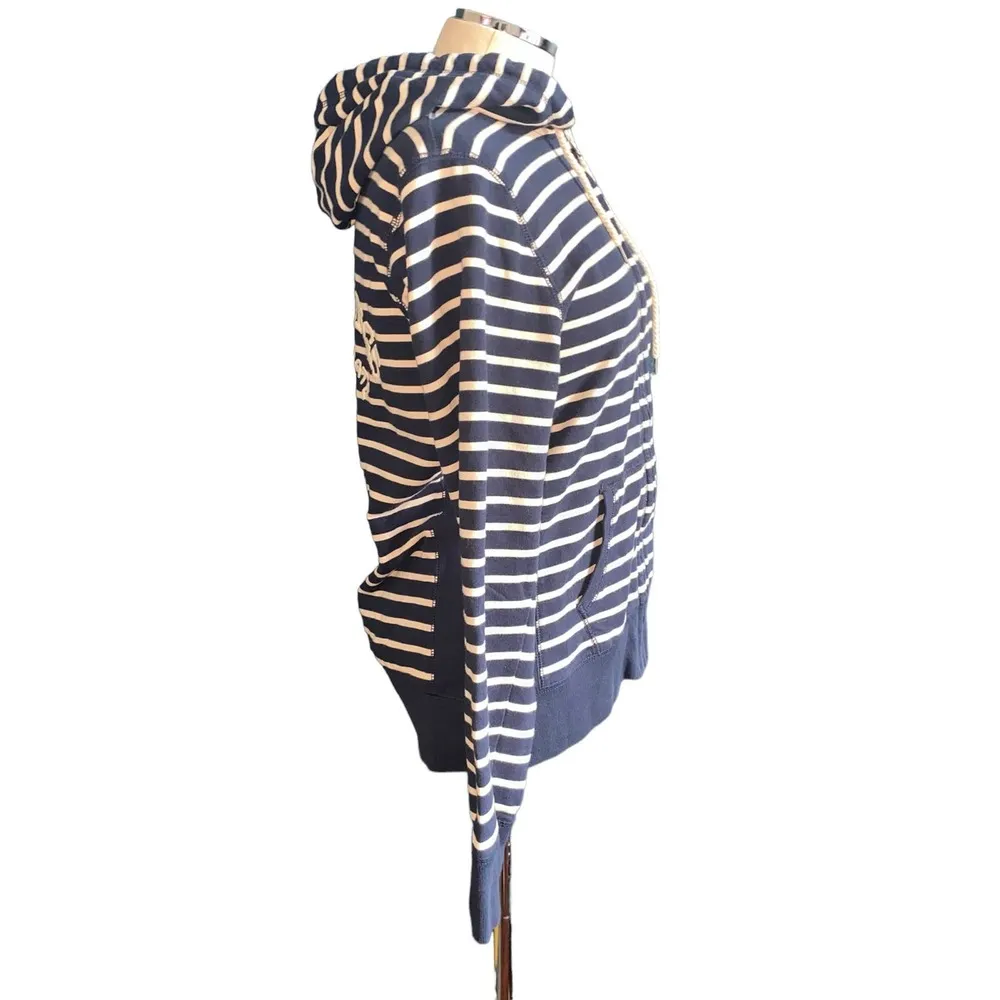 Lucky Brand Navy Blue Striped Zip Up Embroidered Knit Track Hoodie Size Large - Image 2