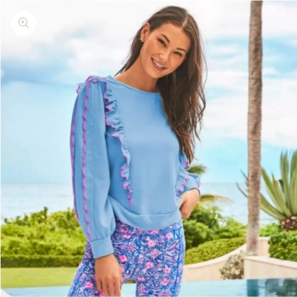 LILLY PULITZER SUZY SCALLOPED BLUE PINK RUFFLE TRIM CREW NECK SWEATSHIRT Size S - Image 2