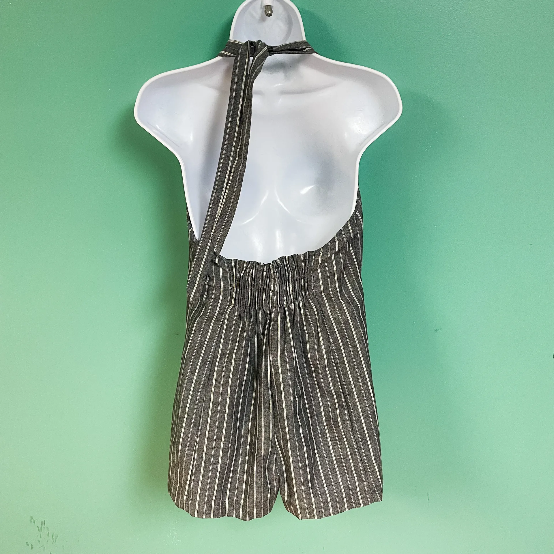 Love Tree Pinstriped Halter Open Back Romper - Image 6