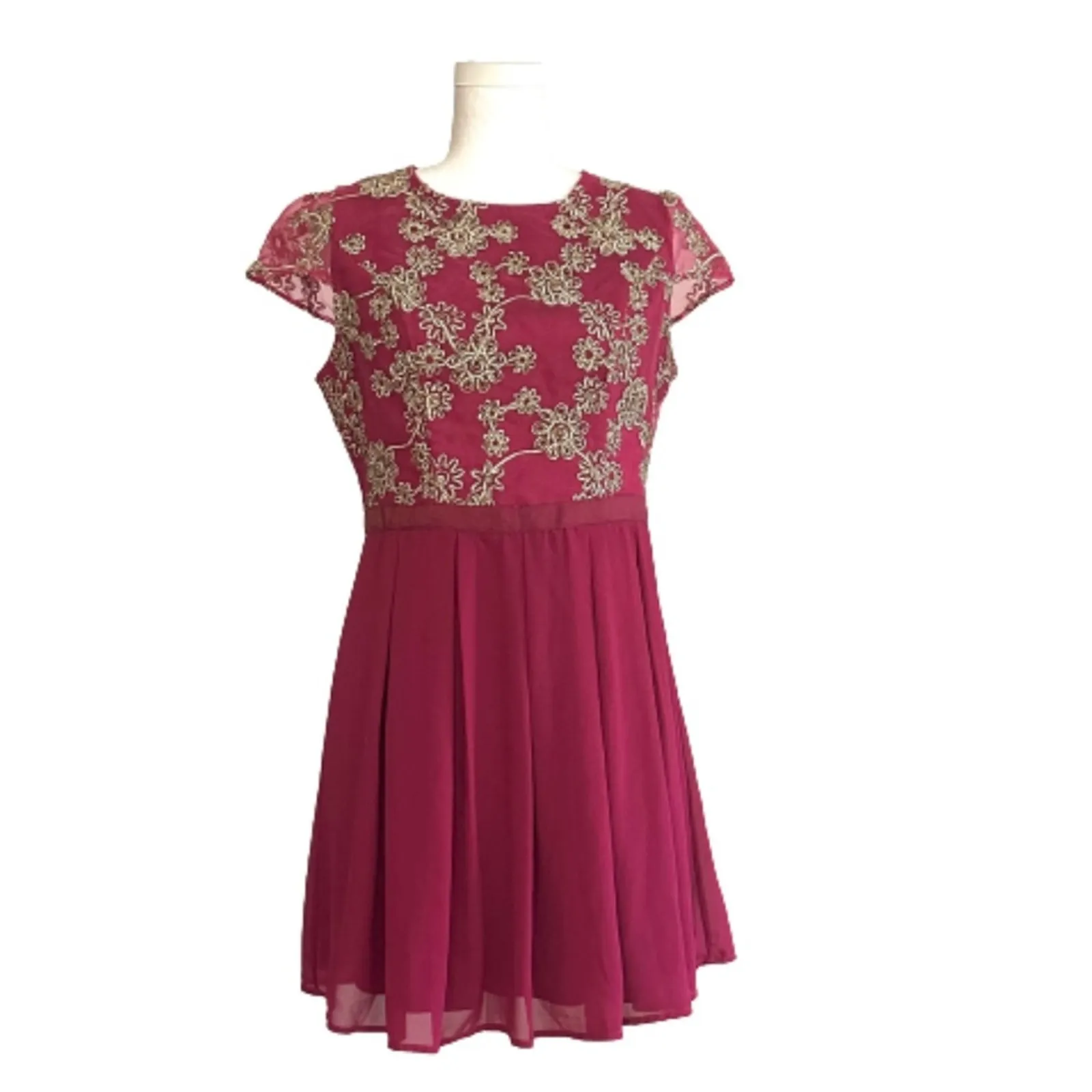 Jun Ivy Dress Berry Gold Floral Brocade Cap Sleeve Pleated Fit Flare Medium NEW - Image 11