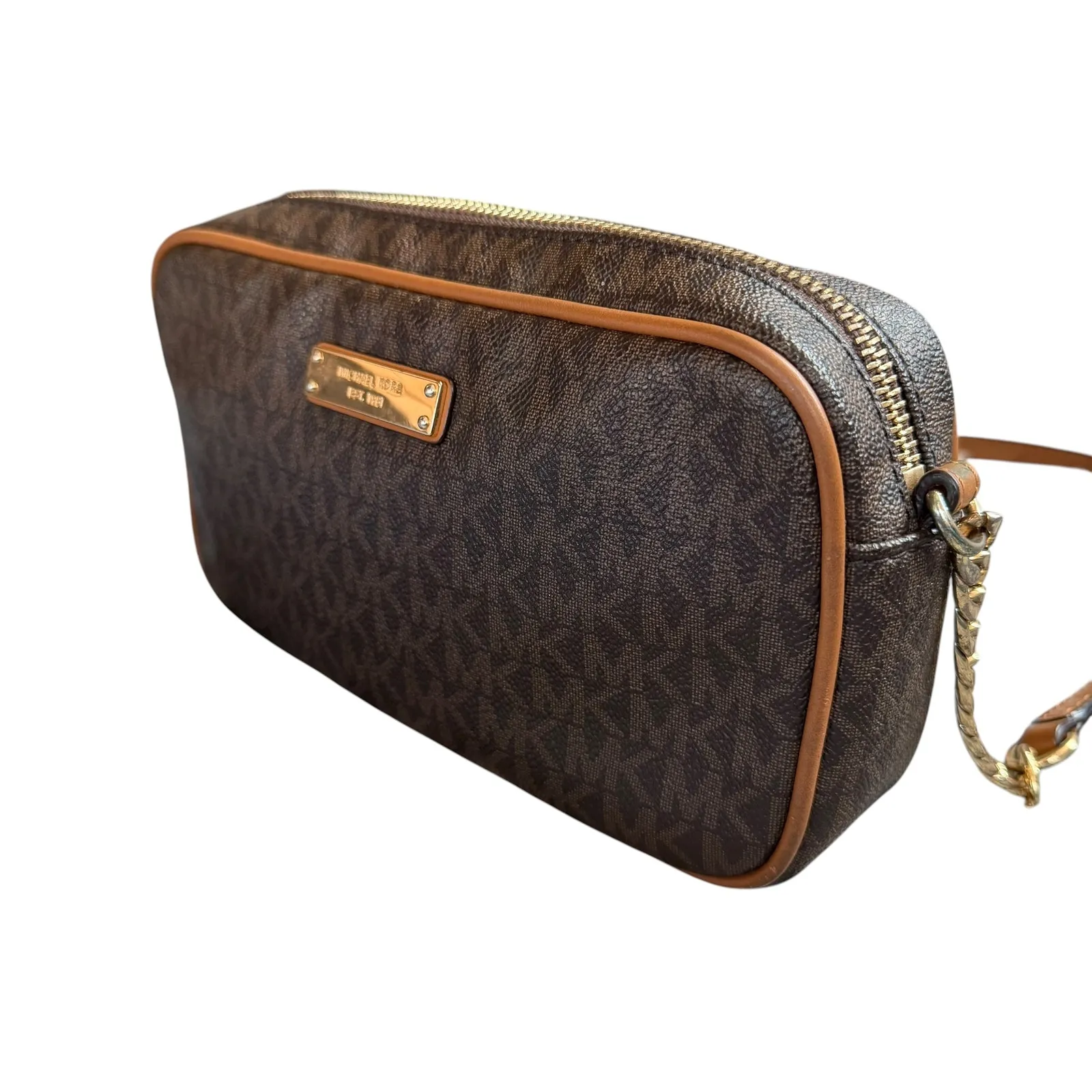 Michael Kors Jet Set Brown MK Signature Crossbody Bag Leather Trim Gold Hardware - Image 4