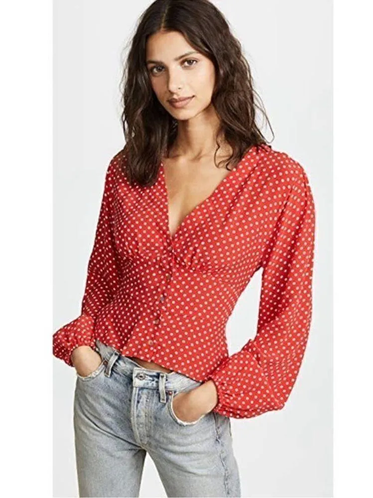 Free People Love Street Red White Polka Dot Long Sleeves Chic Stylish Blouse M - Image 4