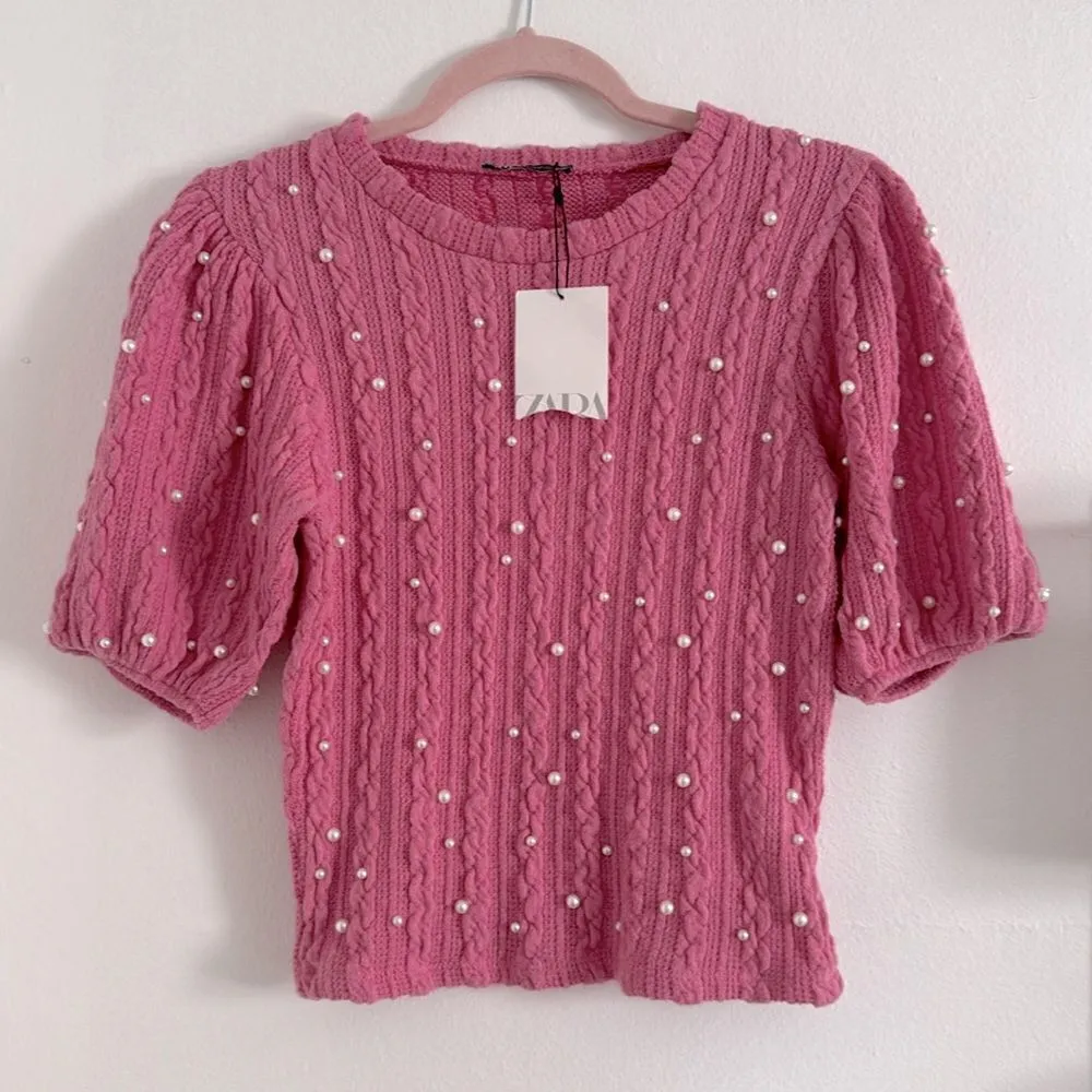 ZARA  Pink Pearl Knit Sweater Top NWT - Image 3