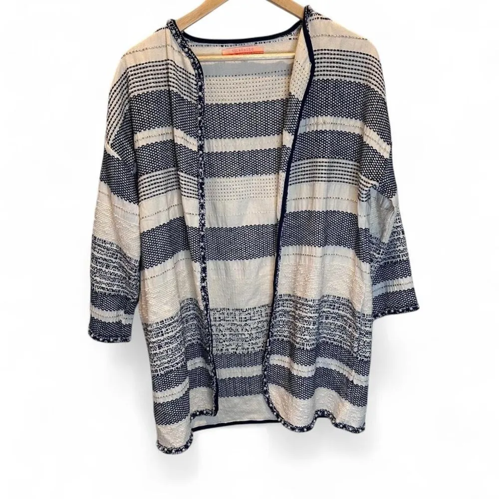 Vilagallo Blue‎ White Striped Open Cardigan Sweater Size 40 / US 8 Pearls Tweed Blue - Image 2