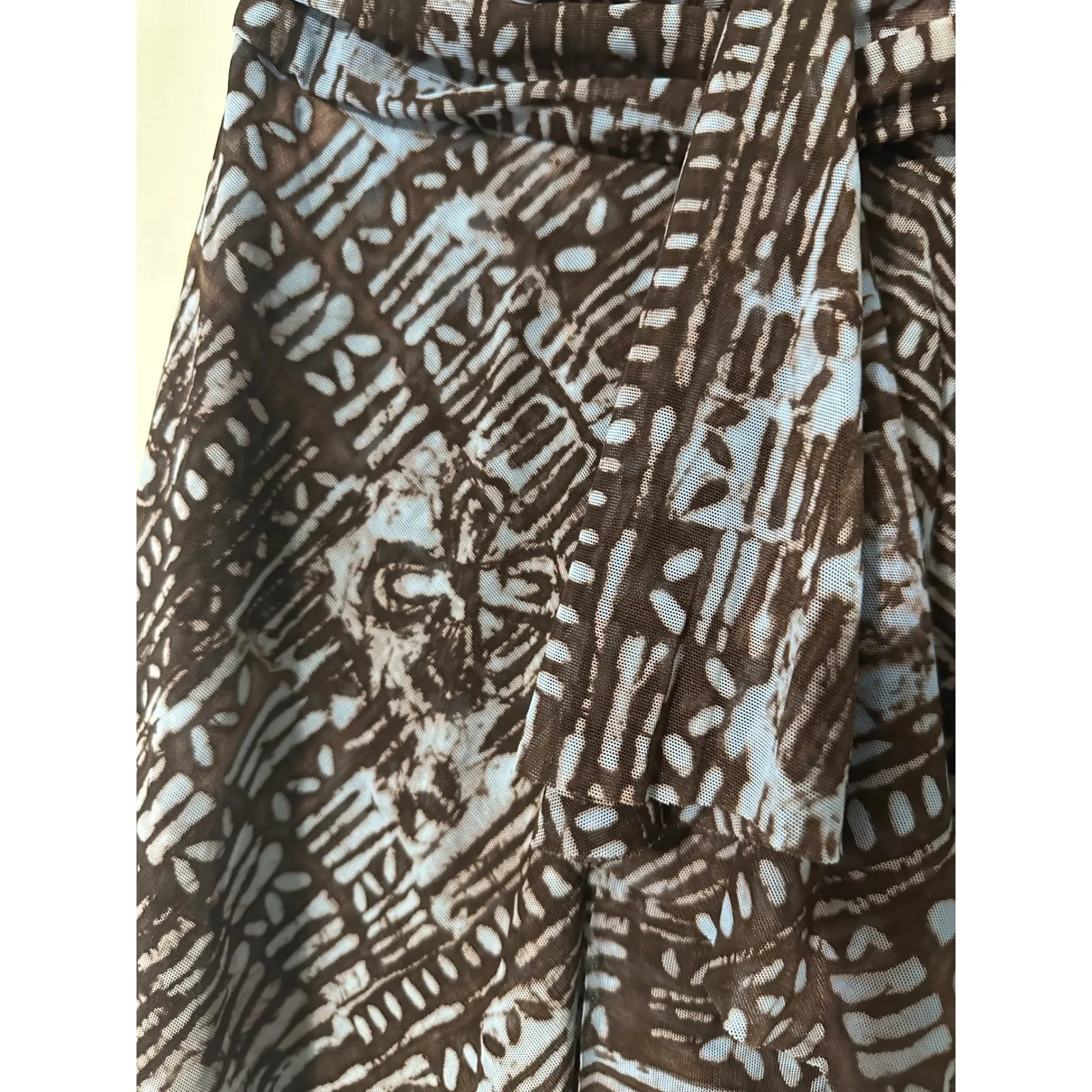 Profile‎ Gottex S Brown Blue Abstract Print Ruched Tie Front Mesh Skirt Cover Up - Image 3