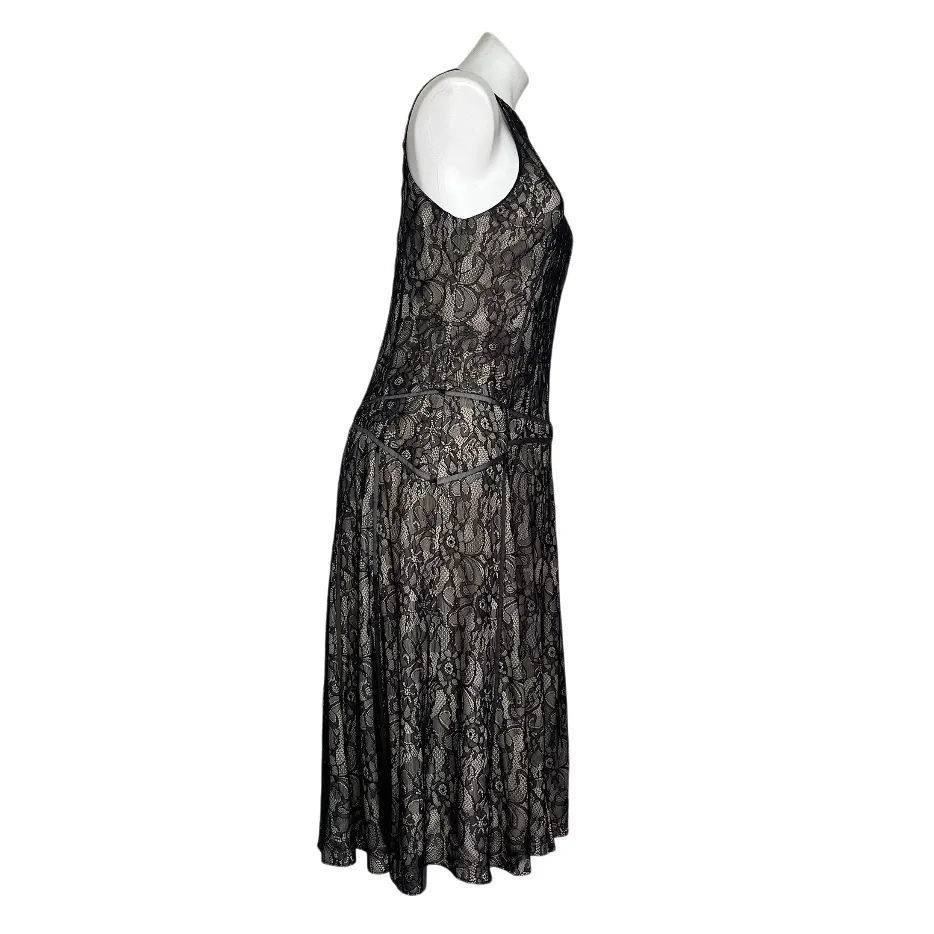 HAUTE HIPPIE Black Lace Dress Overlay Mesh Vertical Lines High Neck Size Medium - Image 4