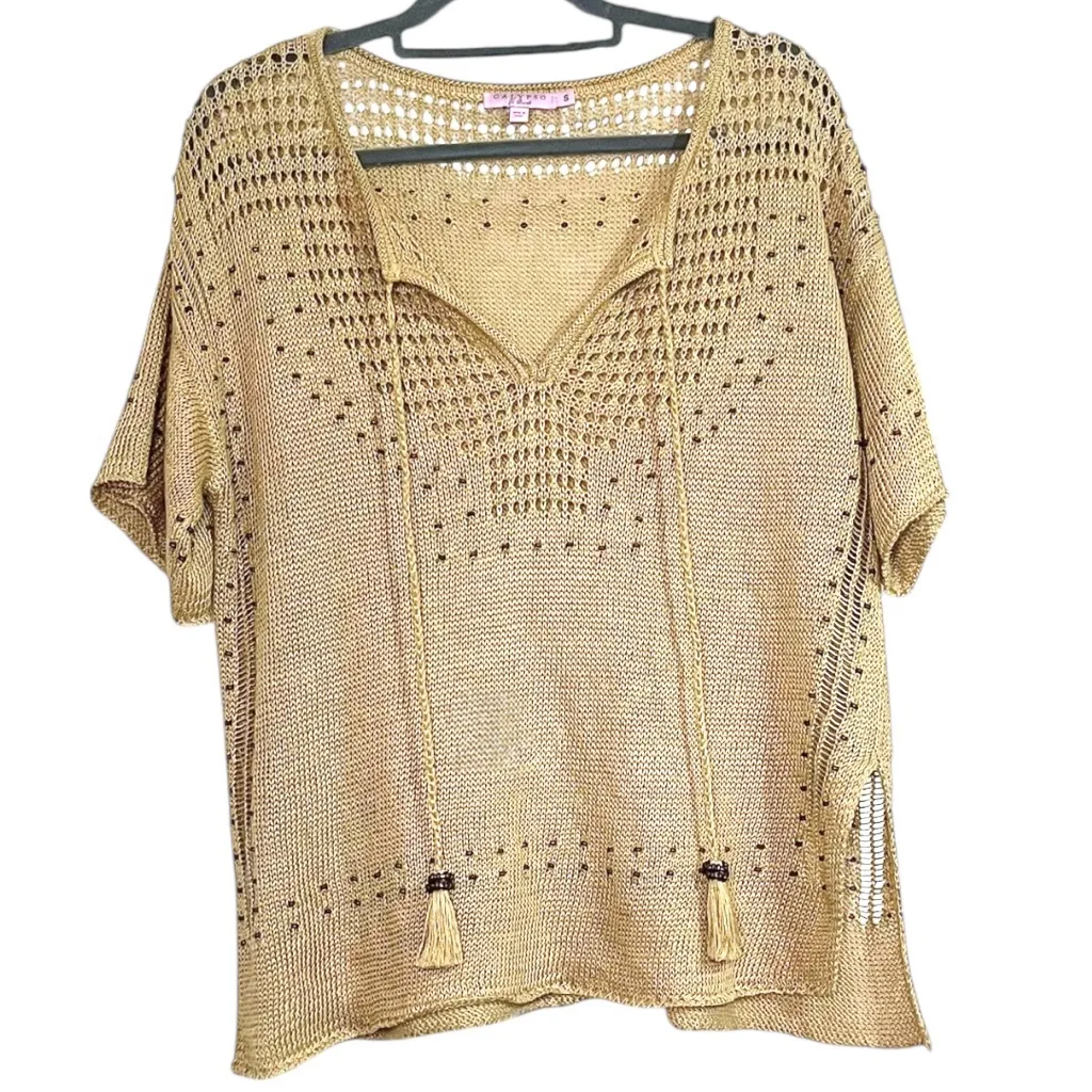 Calypso St. Barth 100% Linen Boho Neilsine Open Knit Beaded Sweater Small - Image 4