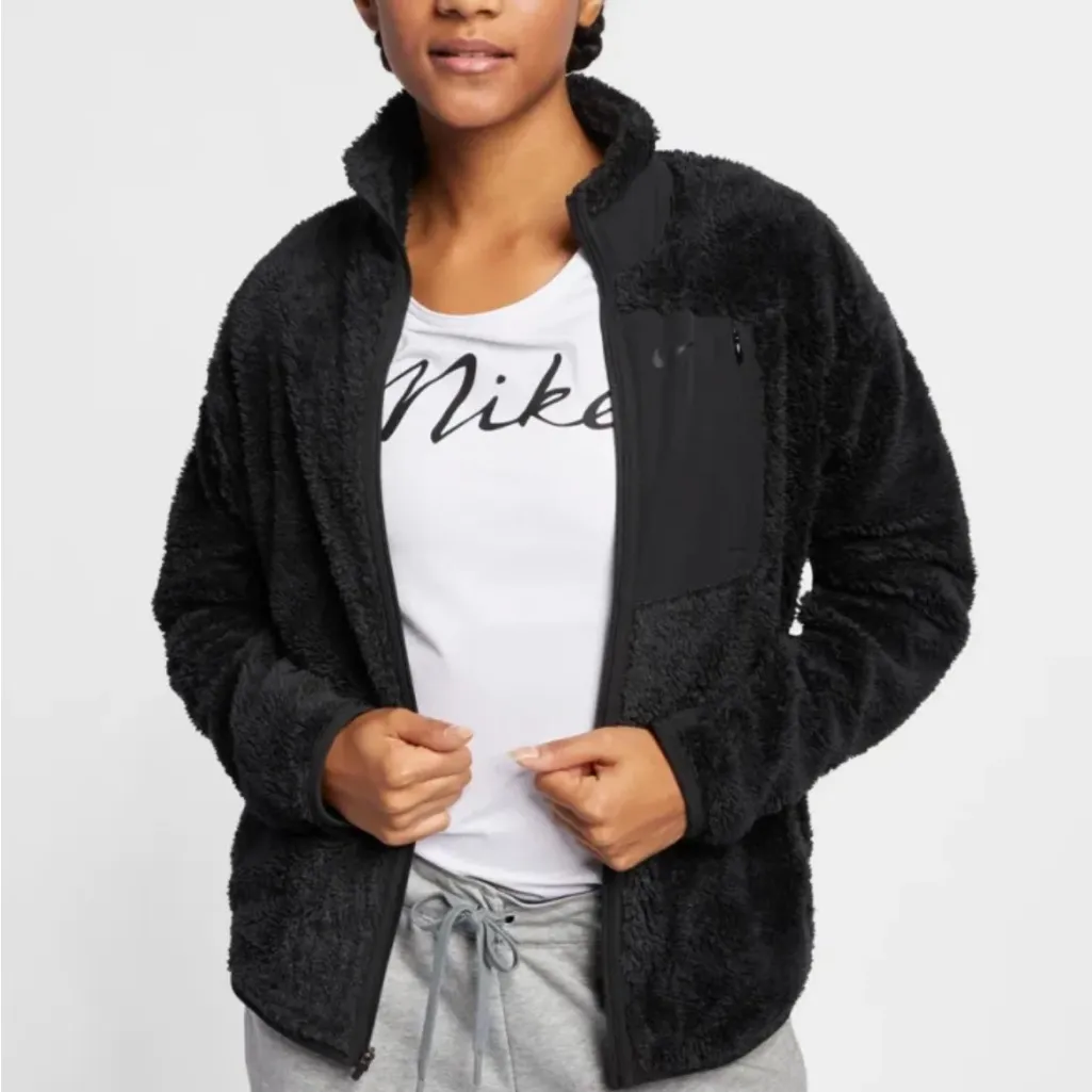 NIKE Fuzzy Sherpa Full Zip Jacket Size Medium Black Zipper - Image 2