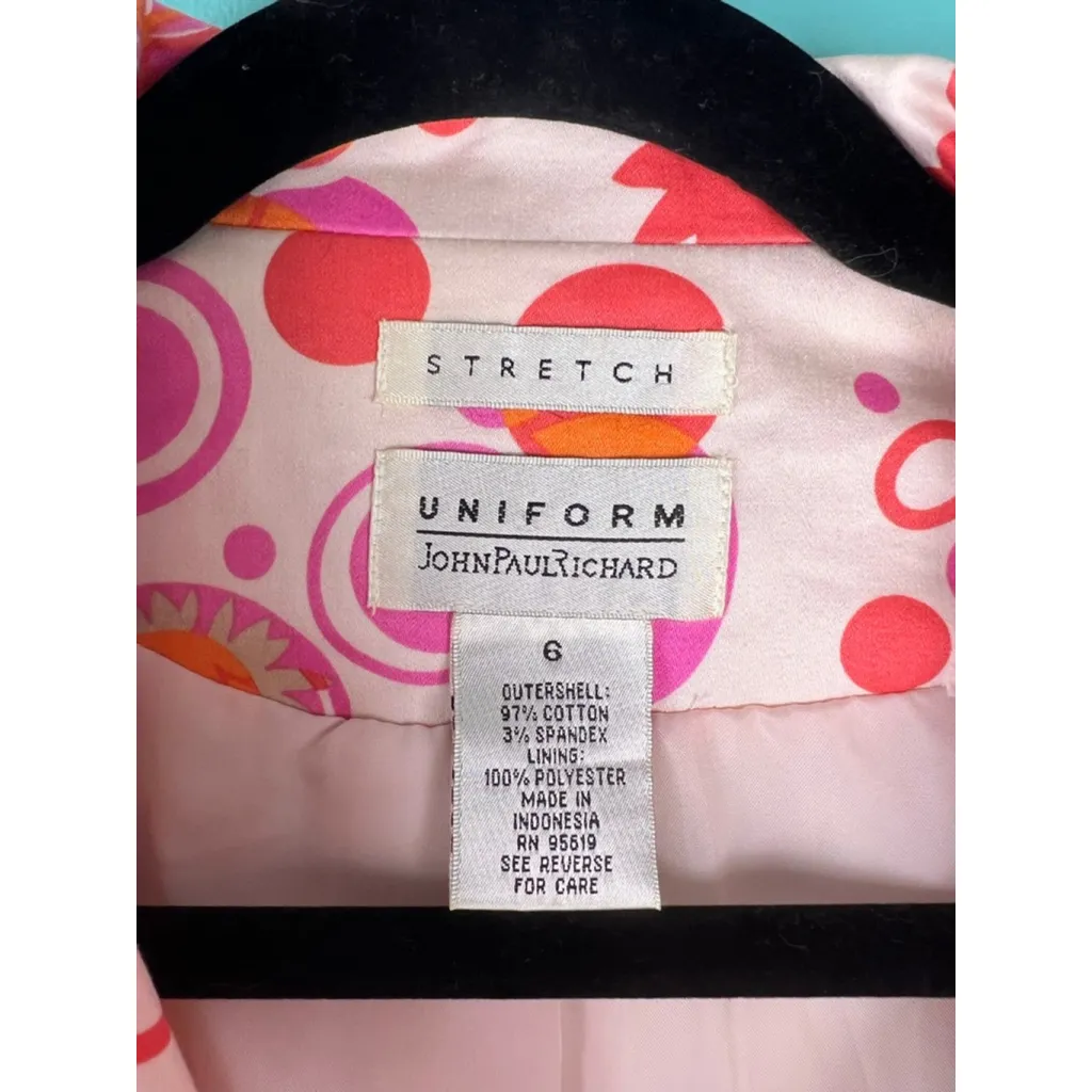JohnPaulRichard Women’s Size 6 Stretch Blazer Jacket Pink Orange Floral Mod Retr - Image 2