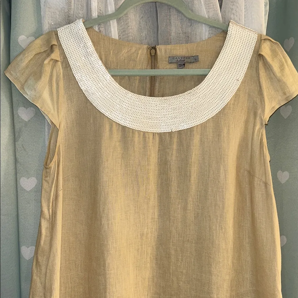 Calypso St. Barth Size L Beige Linen Dress with Sequined Neckline - Image 2