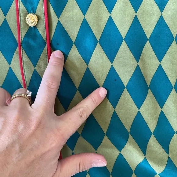 1990S BOB MACKIE Green & Blue Silk Harlequin Blouse Small‎ - Image 6