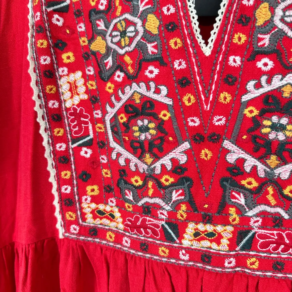 See N Be Seen + Red Embroidered Short Dress size 2X V Neck Linen Cotton NWT - Image 6