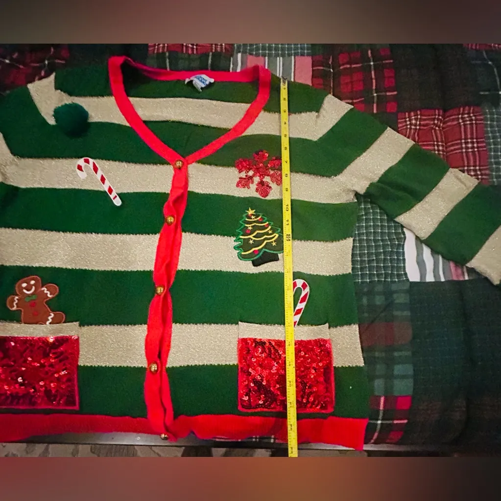 Christmas Festive Green Gold and Red Striped Cardigan women XL - Image 4