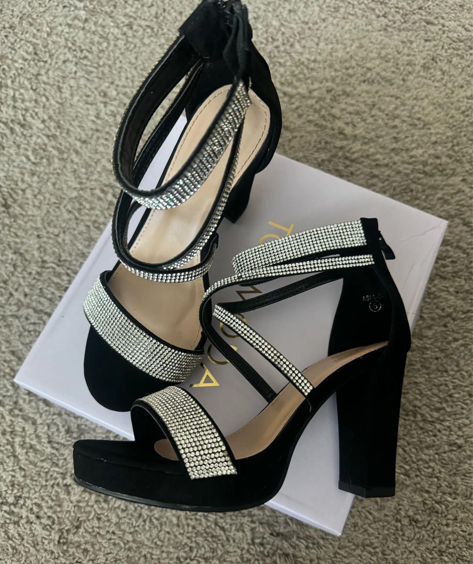 Black With Silver Rhinestone Strappy Platform High Heels - Image 5