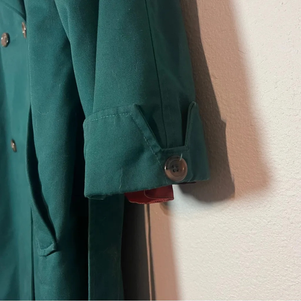 Vintage Double Breasted Trench Coat Womens Teal Green Size 12 Lined Long Belted - Image 10