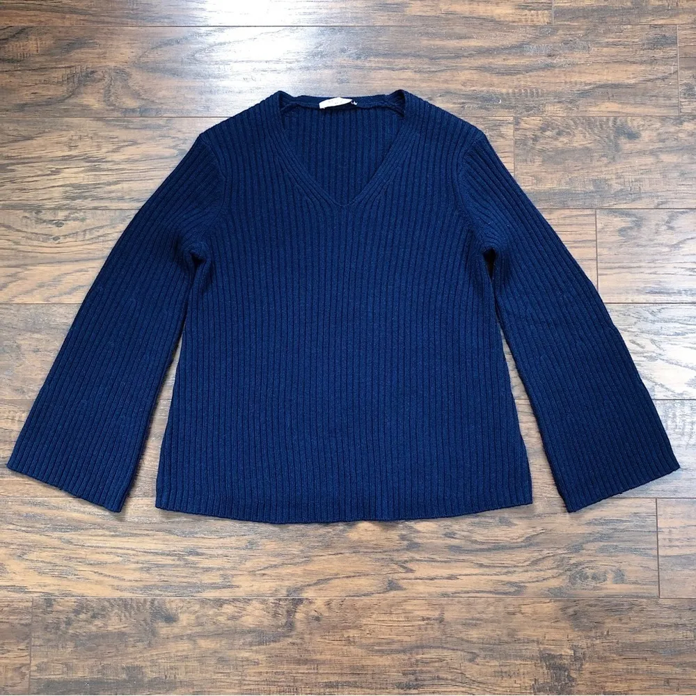 MM Lafleur • The Min Cashmere Merino Wool Rib V Neck Sweater navy bell sleeve - Image 2