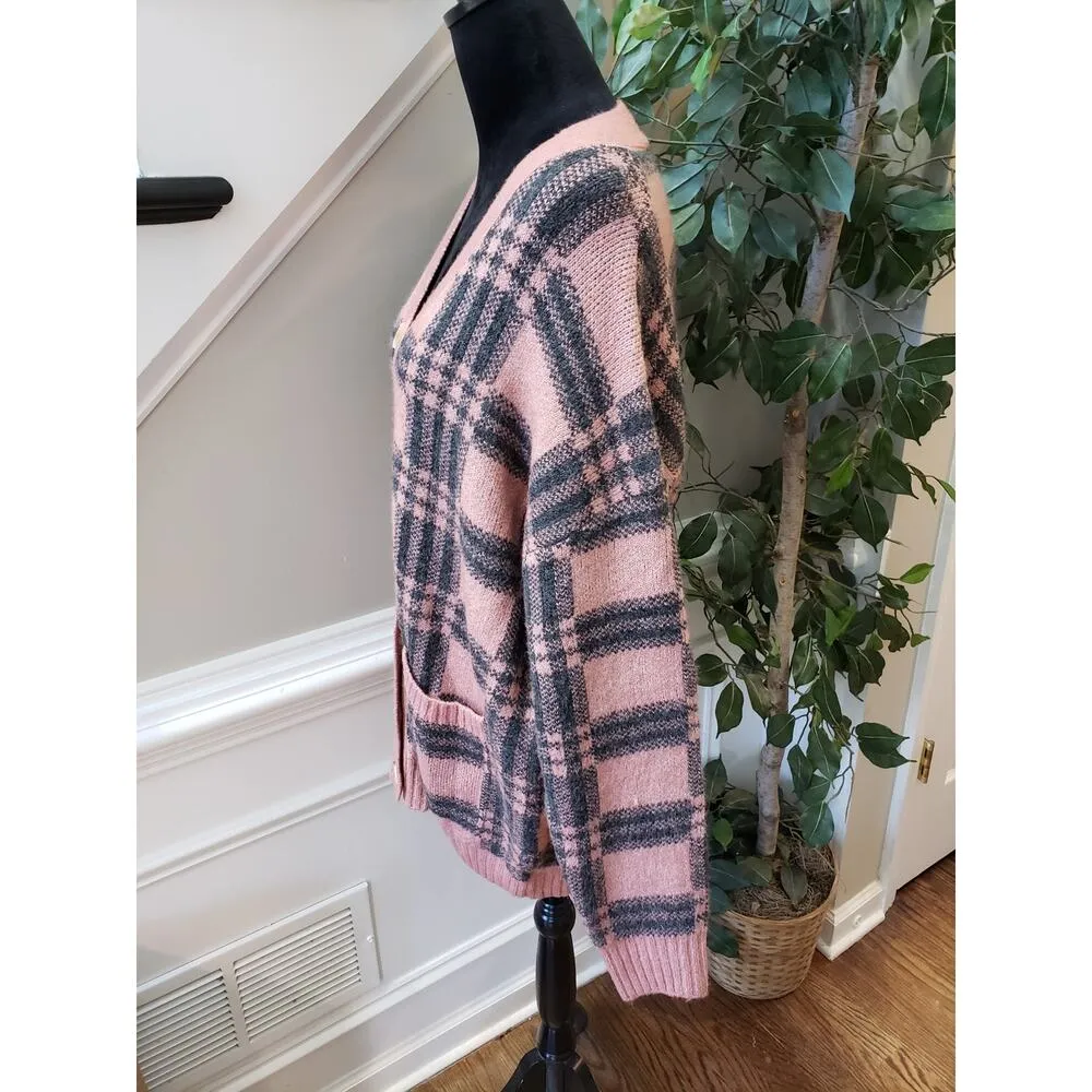 The Be Brand Cardigan Sweater Women's Medium Pink Plaid Stretch Button Front - Image 9